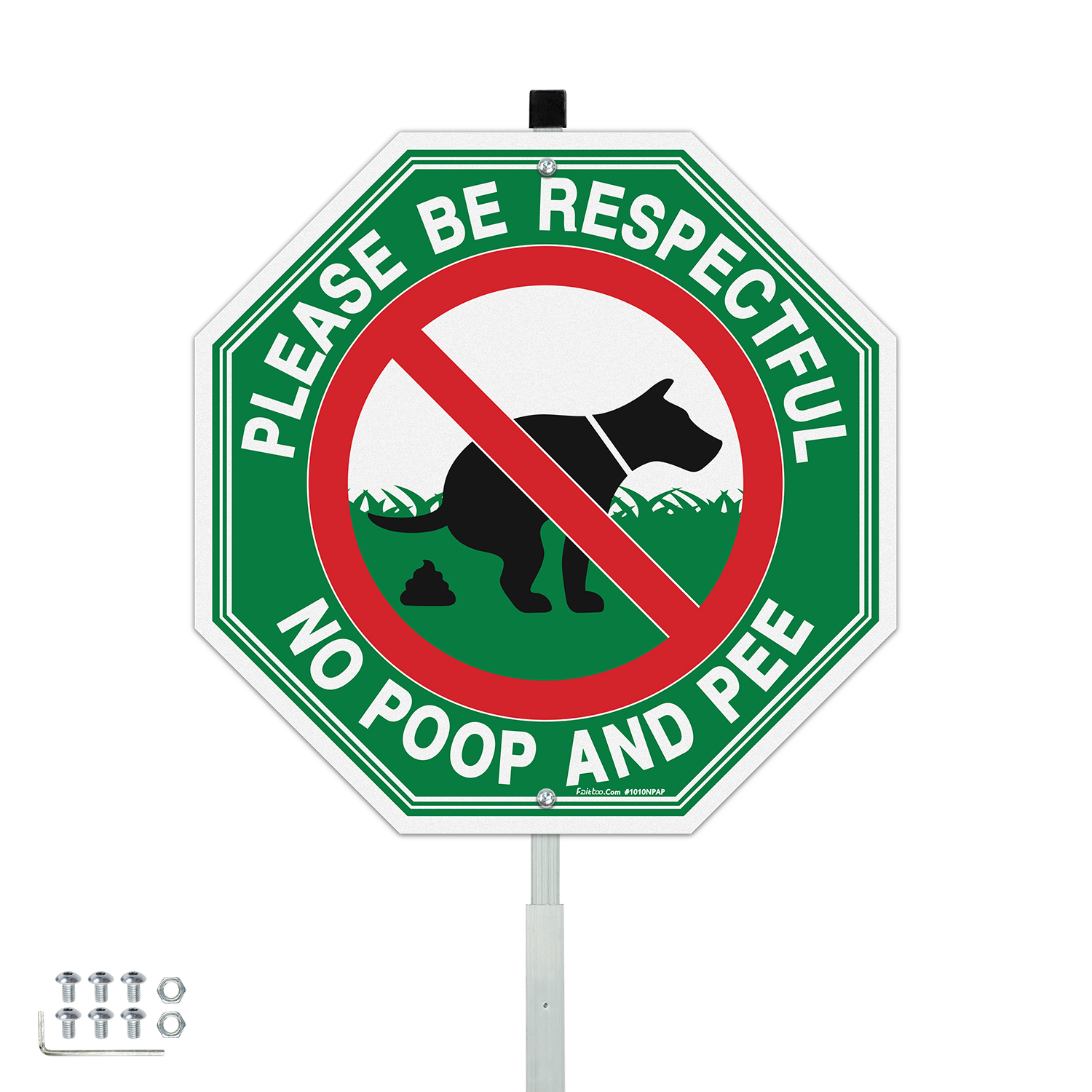 Faittoo No Peeing No Pooping Dog Sign with 42" Stake for yard, 10"x10" Rust Free Heavy Aluminum, Reflective, Fade Resistant, 2 pre-drilled holes, Includes Matching Screws & Wrench