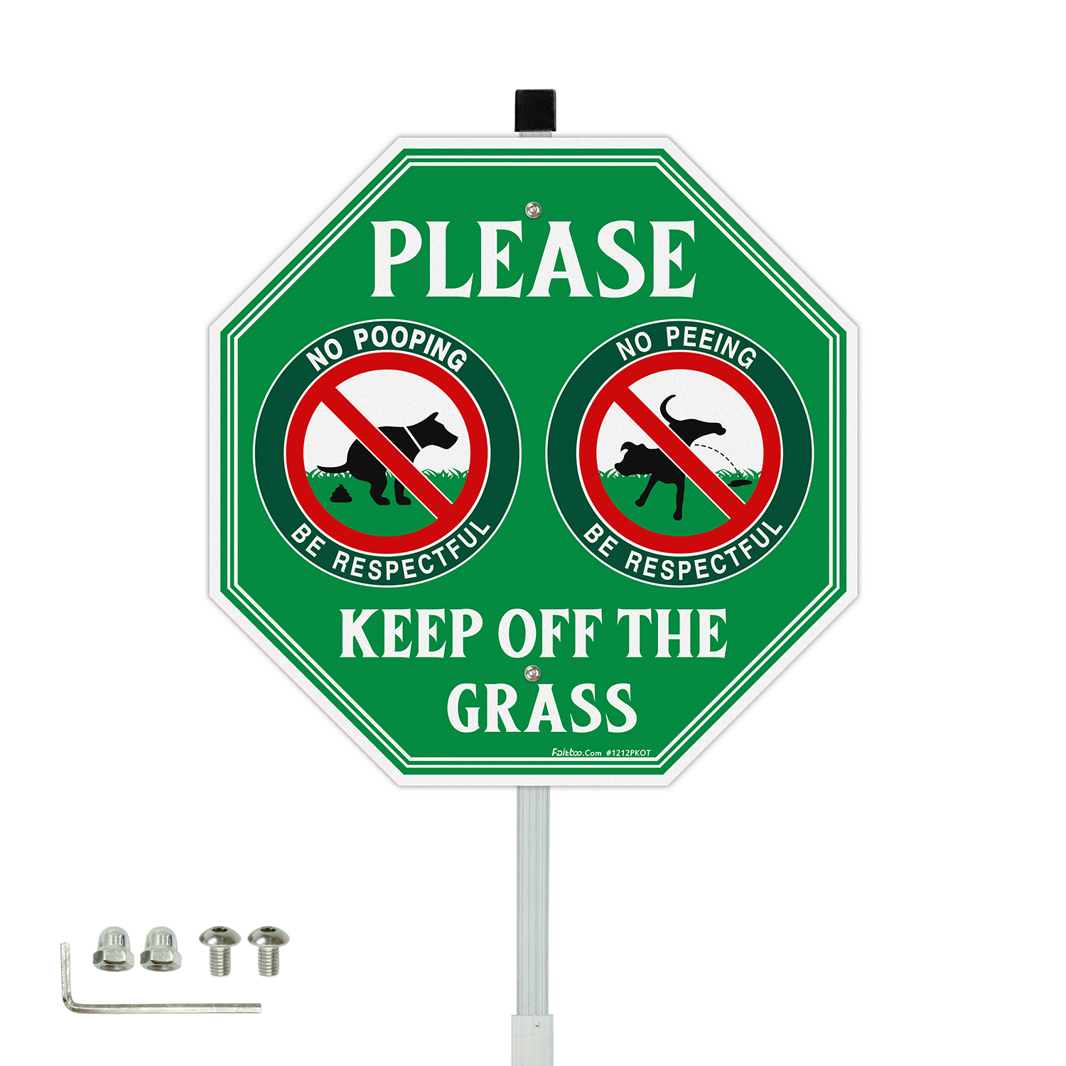 Faittoo No Peeing No Pooping Dog Sign with 36" Stake for yard, Keep off The Grass Sign, 12"x12" Aluminum, Reflective, Fade Resistant, 2 pre-drilled holes, Includes Matching Screws & Wrench
