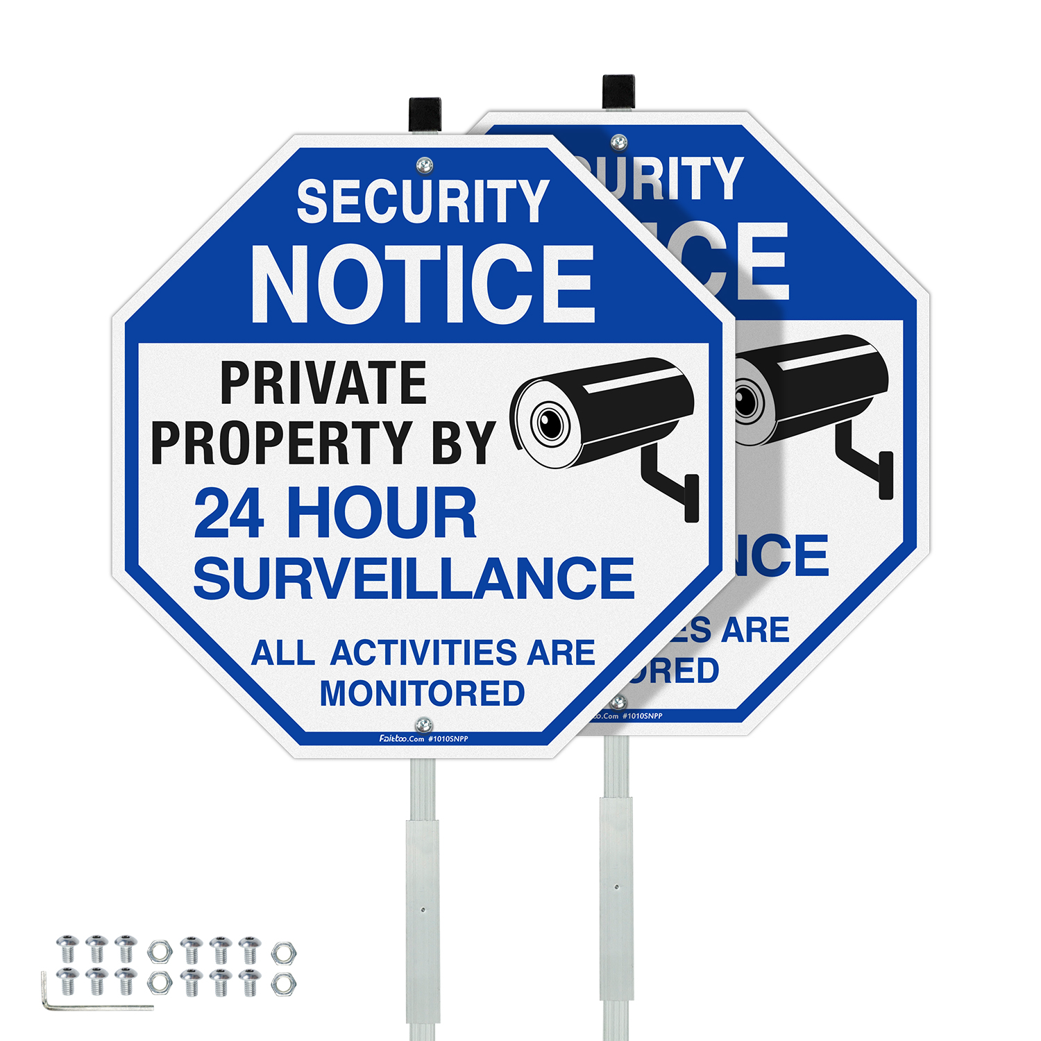 Faittoo Security Signs Private Property Video Surveillance Sign with 42" Stake, 2-Pack 10"x10" Rust Free Aluminum, Reflective, Fade Resistant, 2 pre-drilled holes, Includes Matching Screws & Wrench