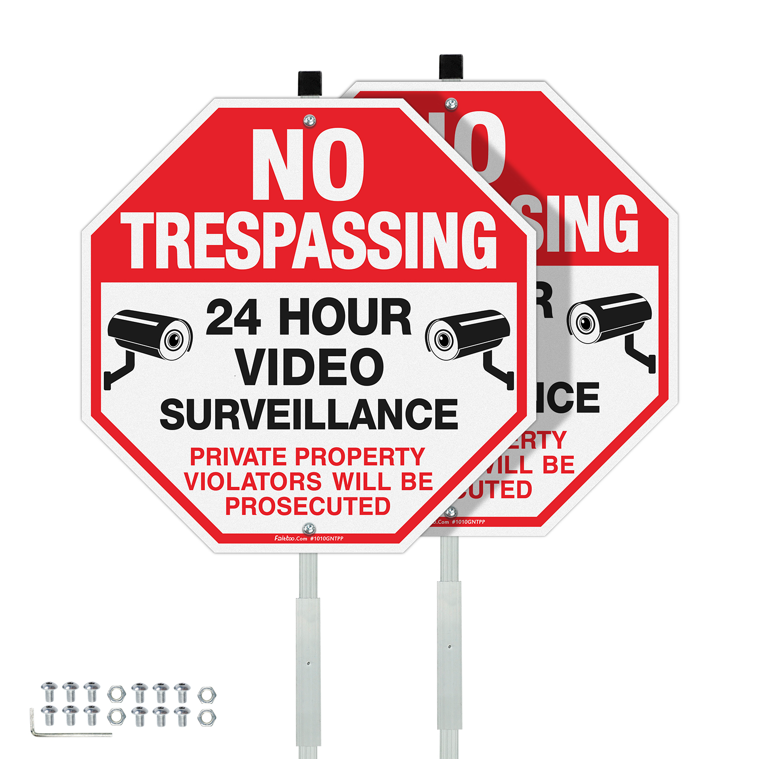 Faittoo No Trespassing Signs Private Property with 42" Stake for Outside, 2-Pack 10"x10" Video Surveillance Sign, Rust Free Aluminum, Reflective, 2 pre-drilled holes, Includes Matching Screws & Wren