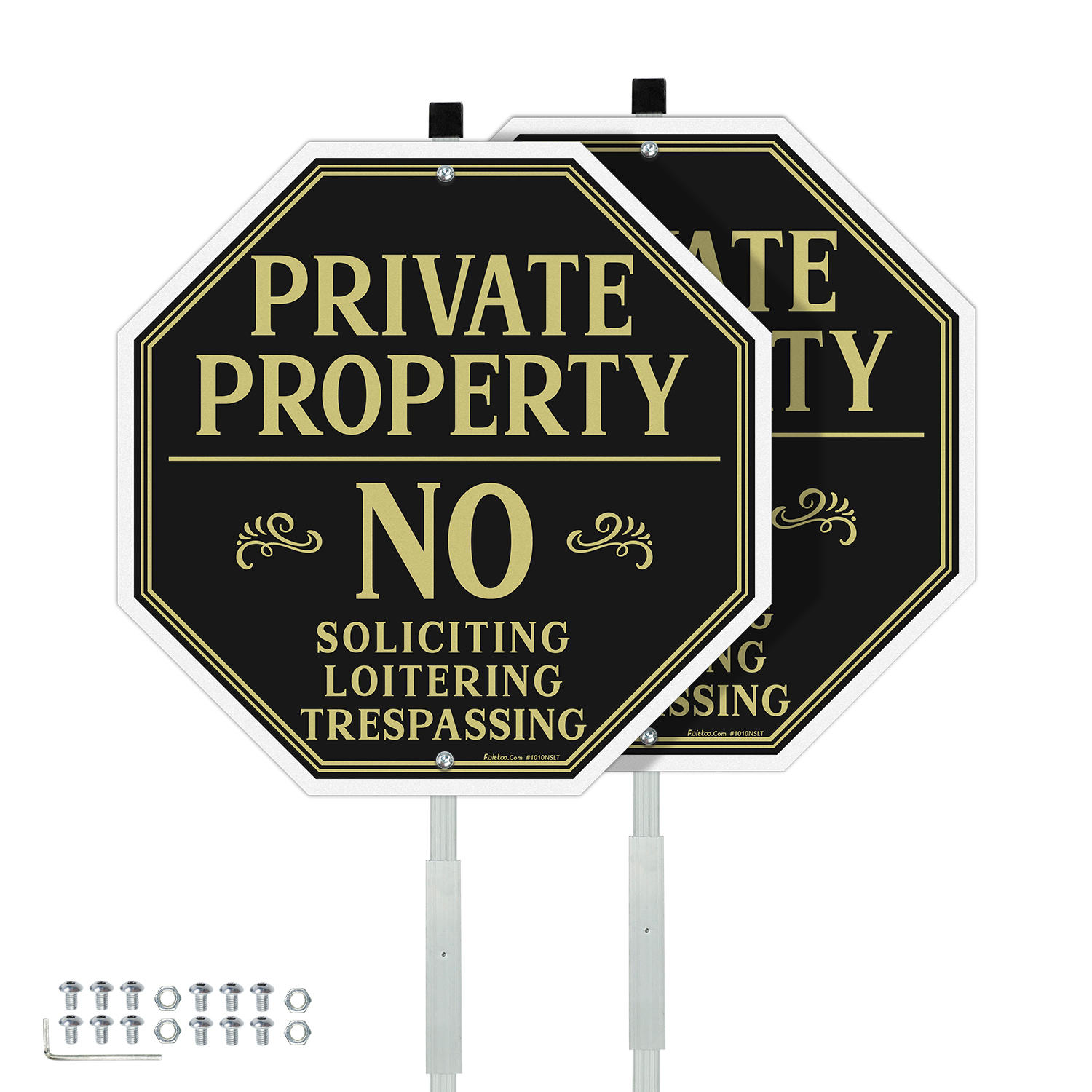 Faittoo Private Property No Soliciting Sign for House with 42" Stake, 2-Pack 10"x10" Rust Free Heavy Aluminum, Reflective, Fade Resistant, 2 pre-drilled holes, Includes Matching Screws & Wrench