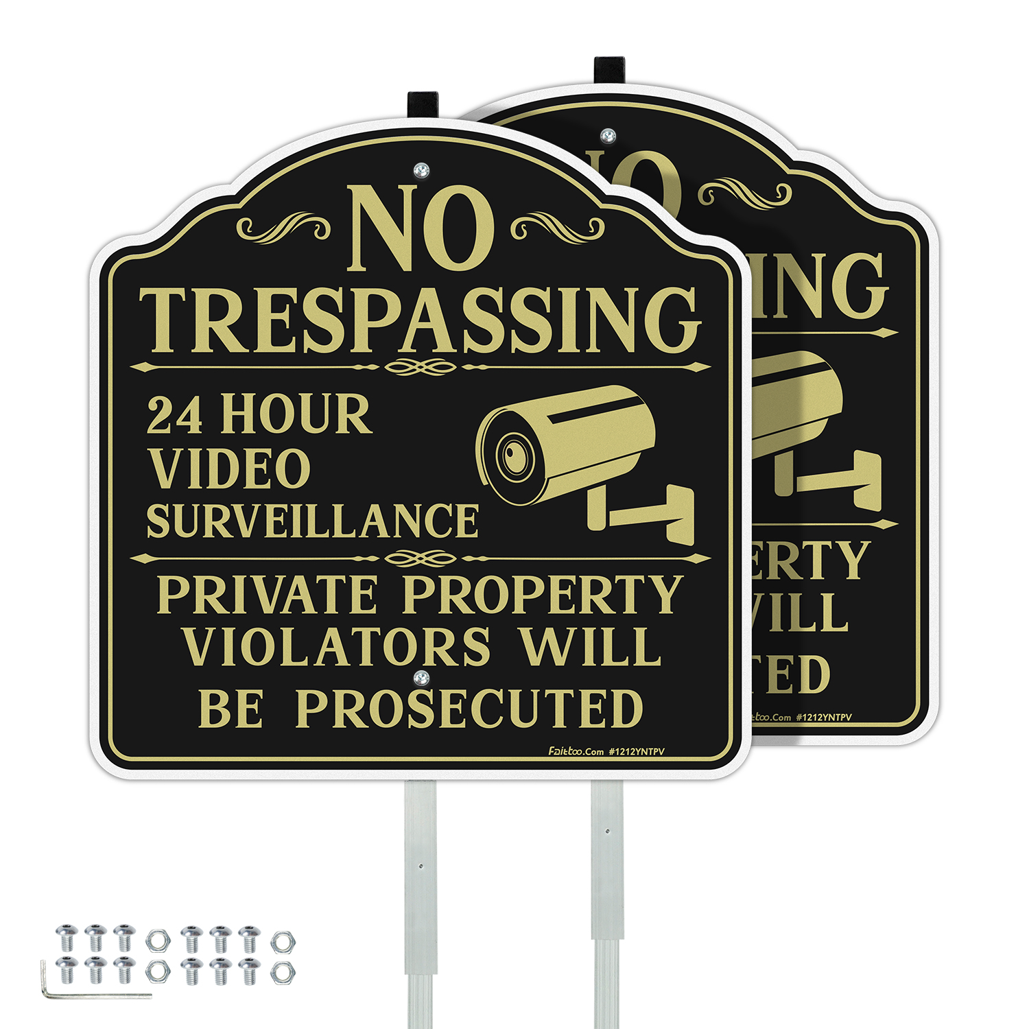 Faittoo No Trespassing Signs Private Property Video Surveillance Sign with 42" Stake, 2-Pack 12"x12" Rust Free Aluminum, Reflective, 2 pre-drilled holes, Includes Matching Screws & Wren