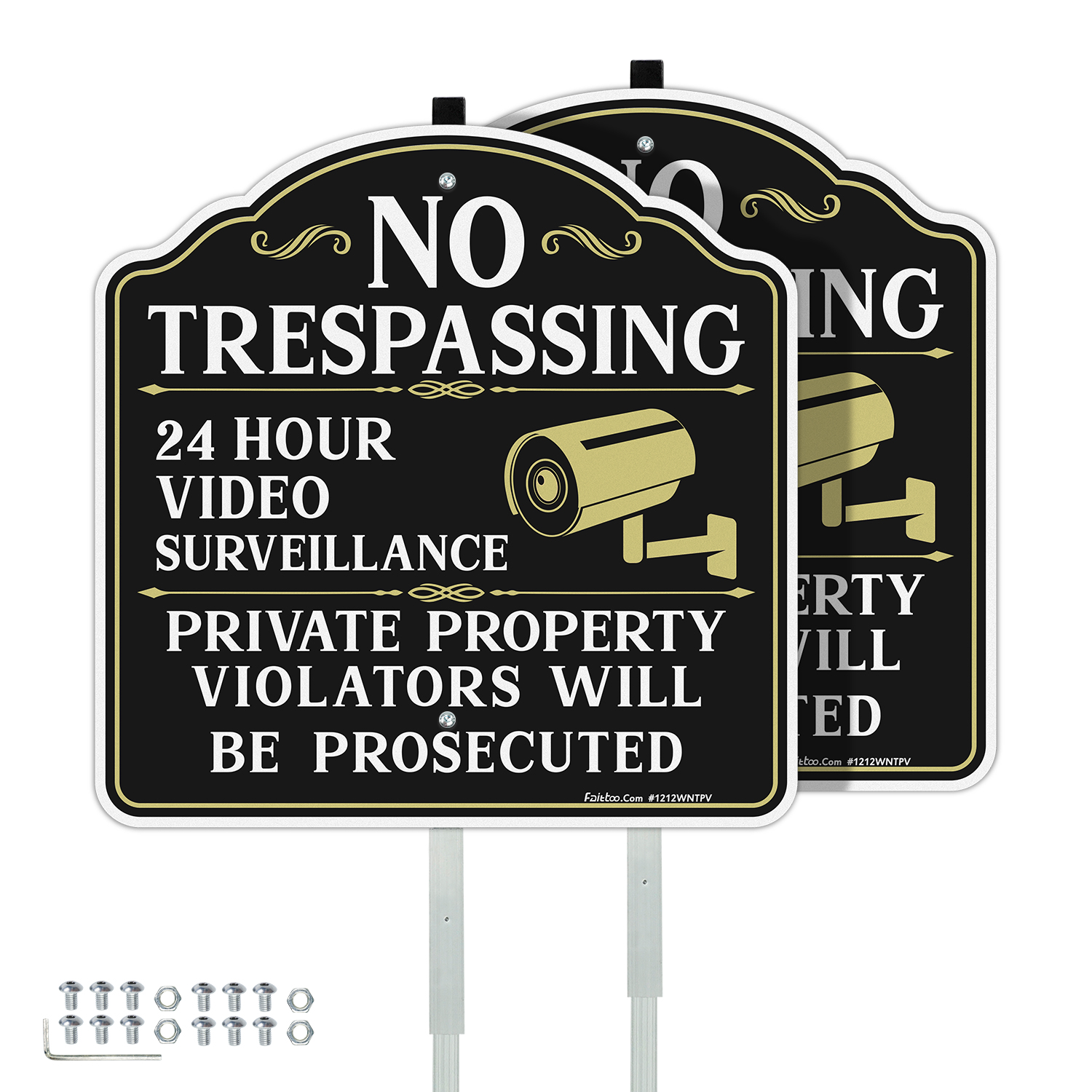 Faittoo No Trespassing Signs Private Property Video Surveillance Sign with 42" Stake, 2-Pack 12"x12" Rust Free Aluminum, Reflective, 2 pre-drilled holes, Includes Matching Screws & Wren (White)