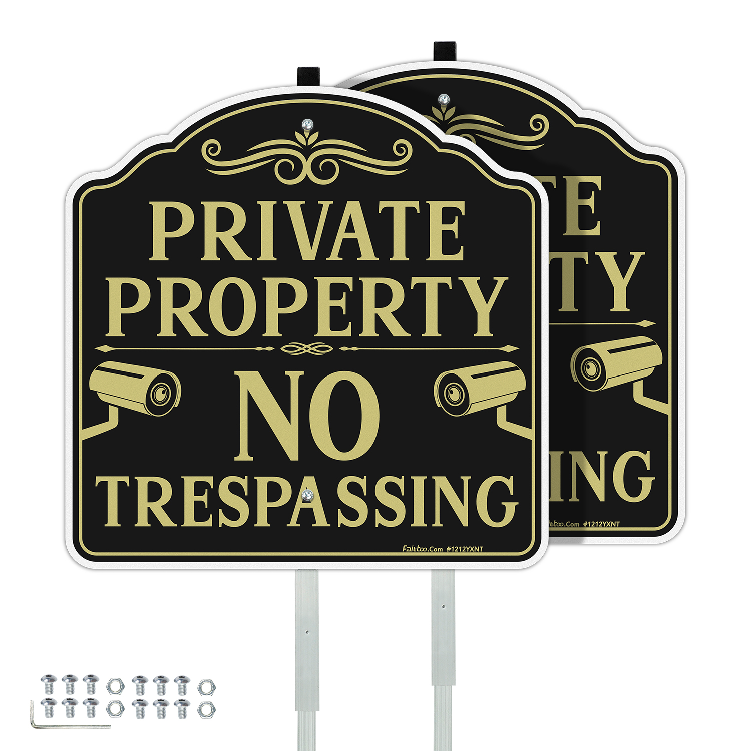Faittoo No Trespassing Sign Private Property with 42" Stake, 12"x12" Rust Free Heavy Aluminum, Reflective, Fade Resistant, 2 pre-drilled holes, Includes Matching Screws & Wrench