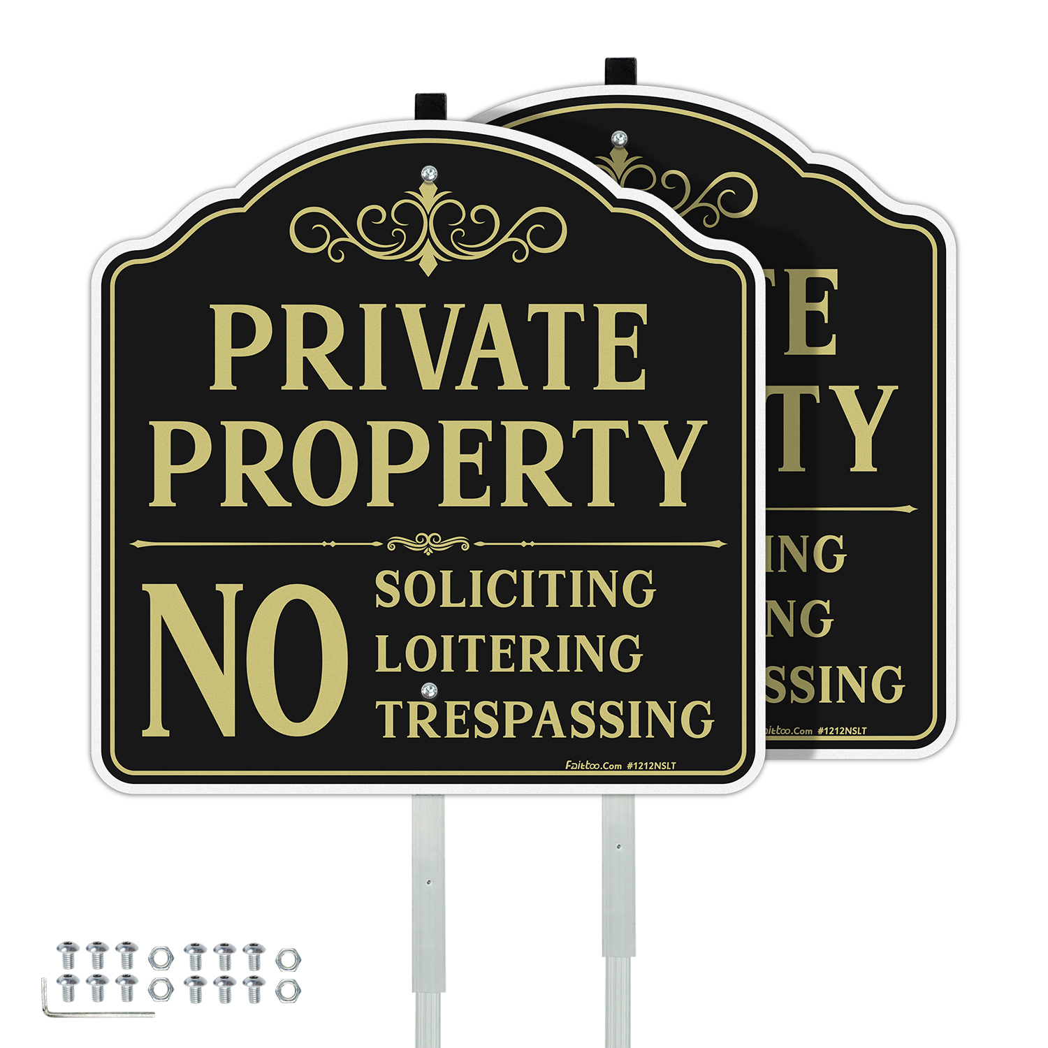 Faittoo Private Property No Soliciting Sign for House with 42" Stake, 2-Pack 12"x12" Rust Free Heavy Aluminum, Reflective, Fade Resistant, 2 pre-drilled holes, Includes Matching Screws & Wrench