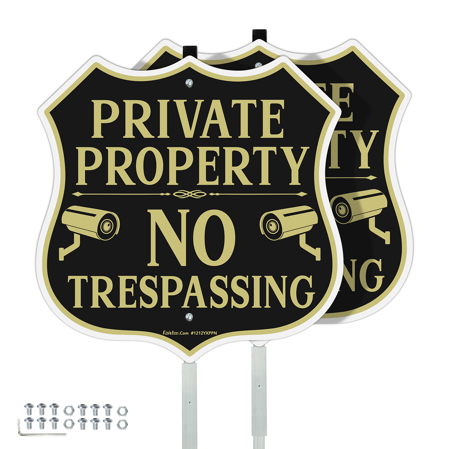 Faittoo No Trespassing Signs Private Property Video Surveillance Sign with 42" Stake, 2-Pack 12"x12" Rust Free Aluminum, Reflective, 2 pre-drilled holes, Includes Matching Screws & Wren