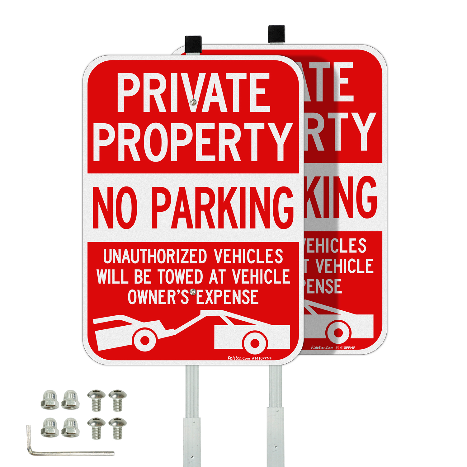 Faittoo Large Private Property No Parking Sign with 36" Stake, 2-Pack 14"x10" Vehicle Towed at Owner's Expense Aluminum Sign, Reflective, 2 pre-drilled Holes, Includes Matching Screws & Wrench
