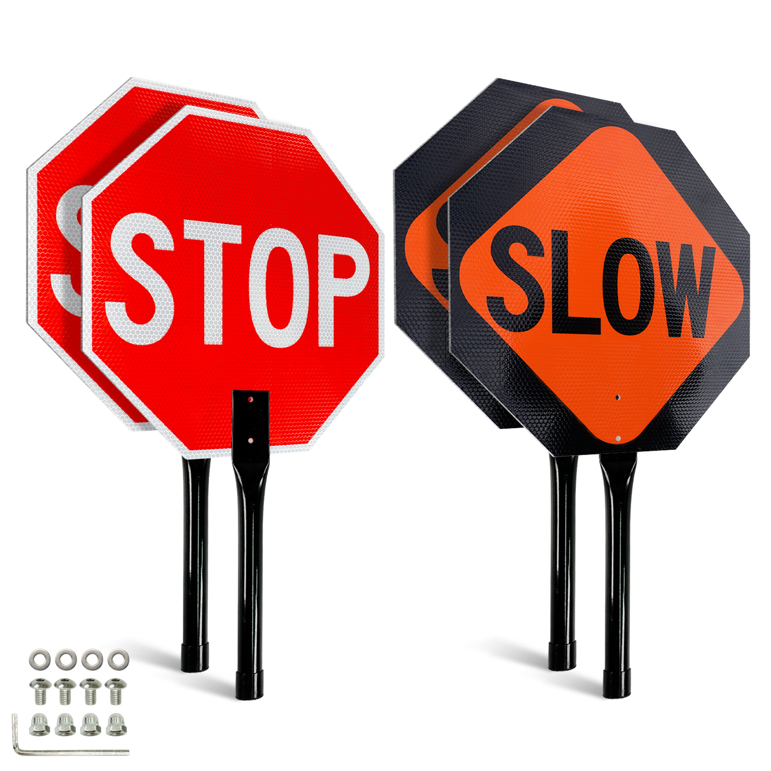 Faittoo Stop Slow Sign with Metal Handle, 2 Pack 18" x 18" Double Sided Engineer Grade Aluminum Sign, Multicolor, Reflective,Sturdy, Easy to Assemble