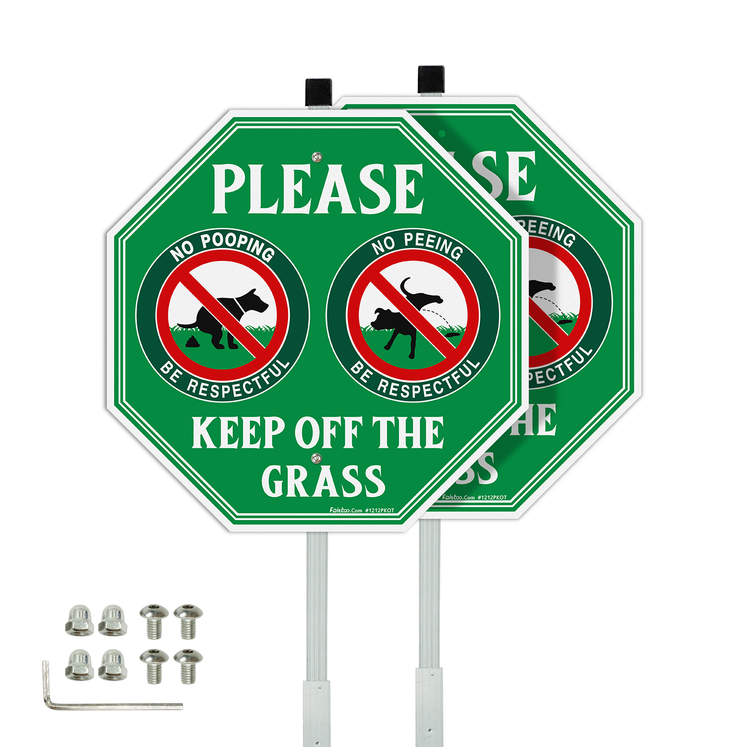Faittoo No Peeing No Pooping Dog Sign with 36" Stake for yard, Keep off The Grass Sign, 2-Pack 12"x12" Aluminum, Reflective, Fade Resistant, 2 pre-drilled holes, Includes Matching Screws & Wrench