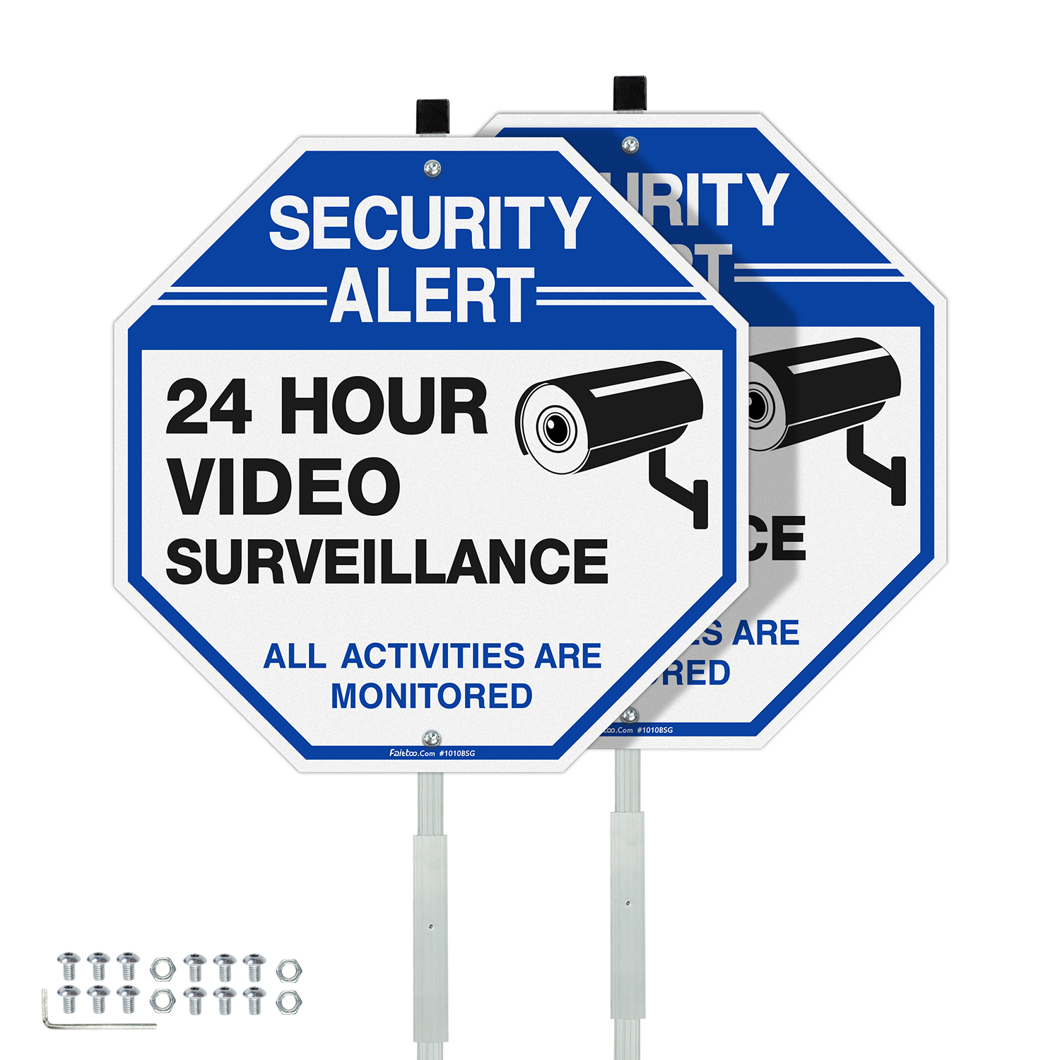 Faittoo Security Sign Video Surveillance Sign with 42" Stake, 2-Pack 10"x10" Rust Free Heavy Aluminum, Reflective, Fade Resistant, 2 pre-drilled holes, Includes Matching Screws & Wrench
