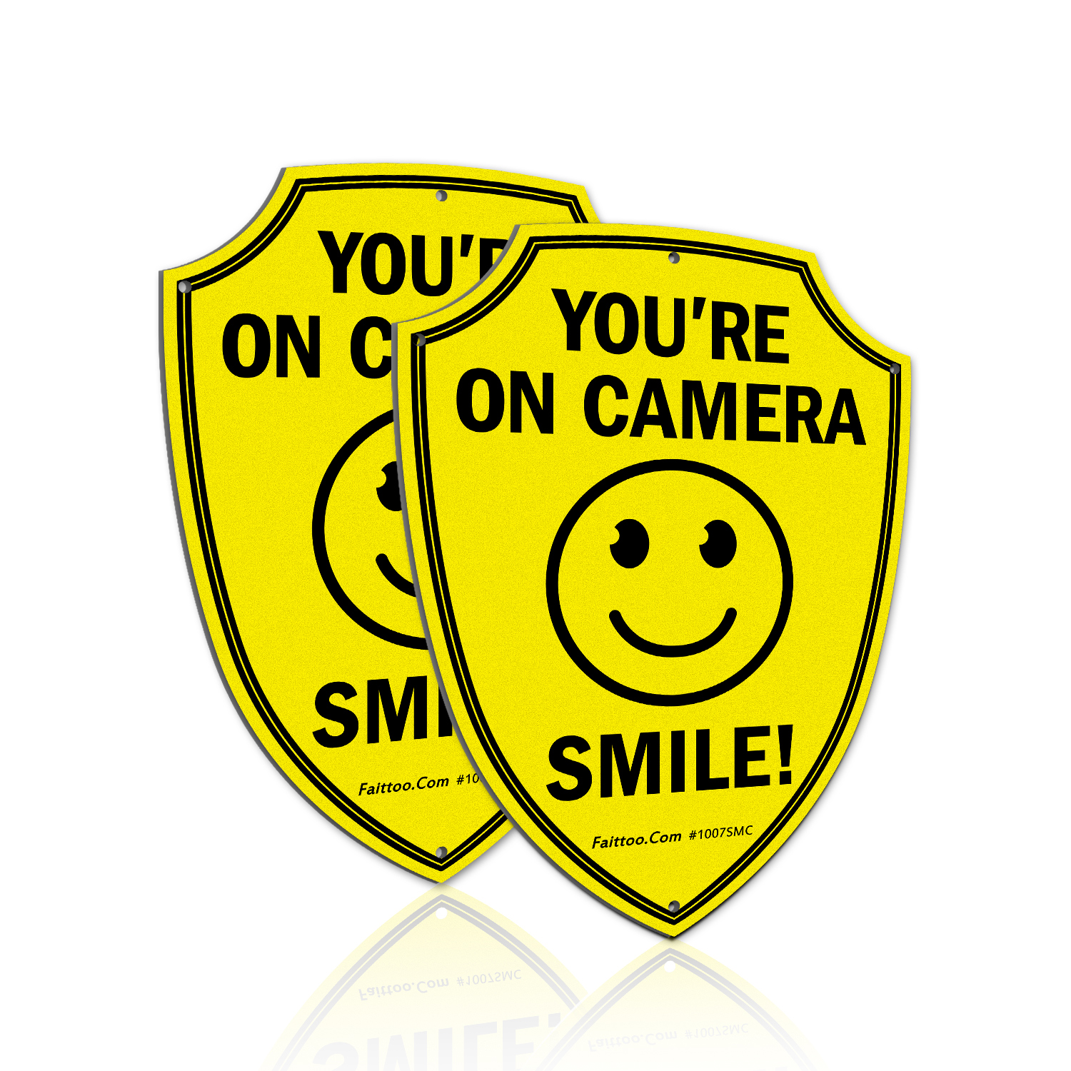 Faittoo Smile You're On Camera Sign, Video Surveillance Signs Outdoor, 2-Pack, 9.6 x 6.8 Inch Reflective Aluminum Warning Sign for Home Business CCTV Security Camera, Weather Resistant, Shield Shape