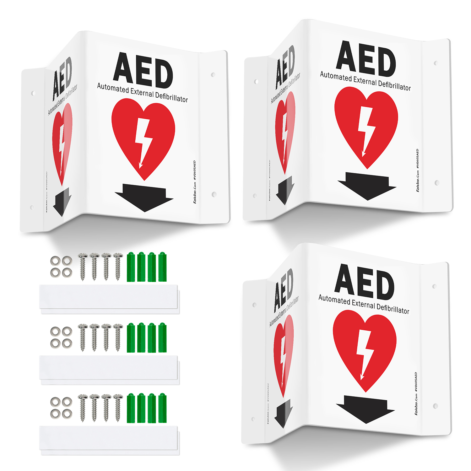 Faittoo AED Sign, AED with Down Arrow - 3 Pack 6 x 8 Inches V-Shaped Acrylic Plastic, 4 Pre-Drilled Holes, Includes Matching Screws, Use for Home Office/Business