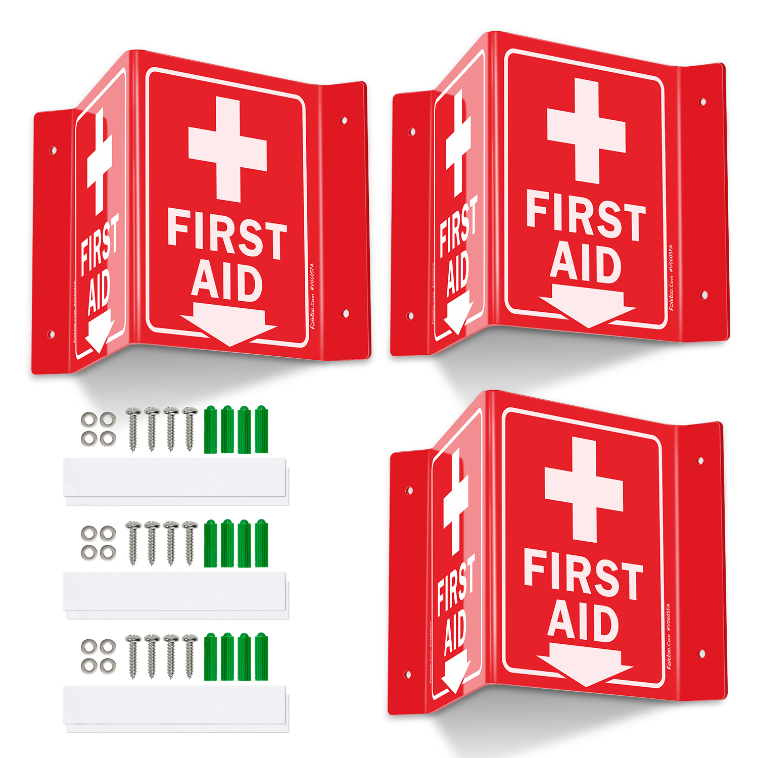 Faittoo First Aid Sign, 3 Pack First Aid with Cross Symbol - 6 x 8 Inches V-Shaped Acrylic Plastic, 4 Pre-Drilled Holes, Includes Matching Screws, Use for Home Office/Business