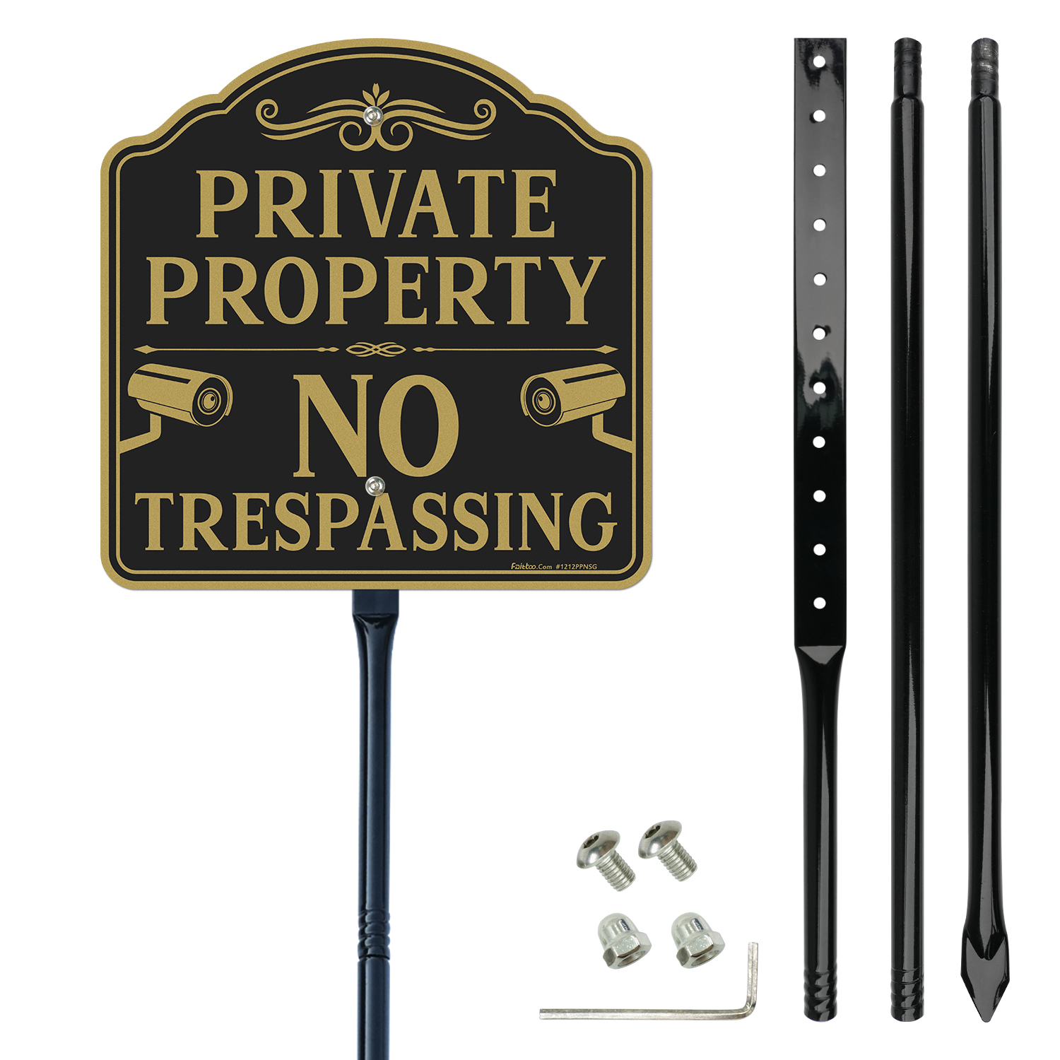 Faittoo Large No Trespassing Sign Private Property with 52" Metal Thick Stake, 12"x12" Rust Free Heavy Aluminum, Reflective, Fade Resistant, Easy to Mount, Outdoor Use