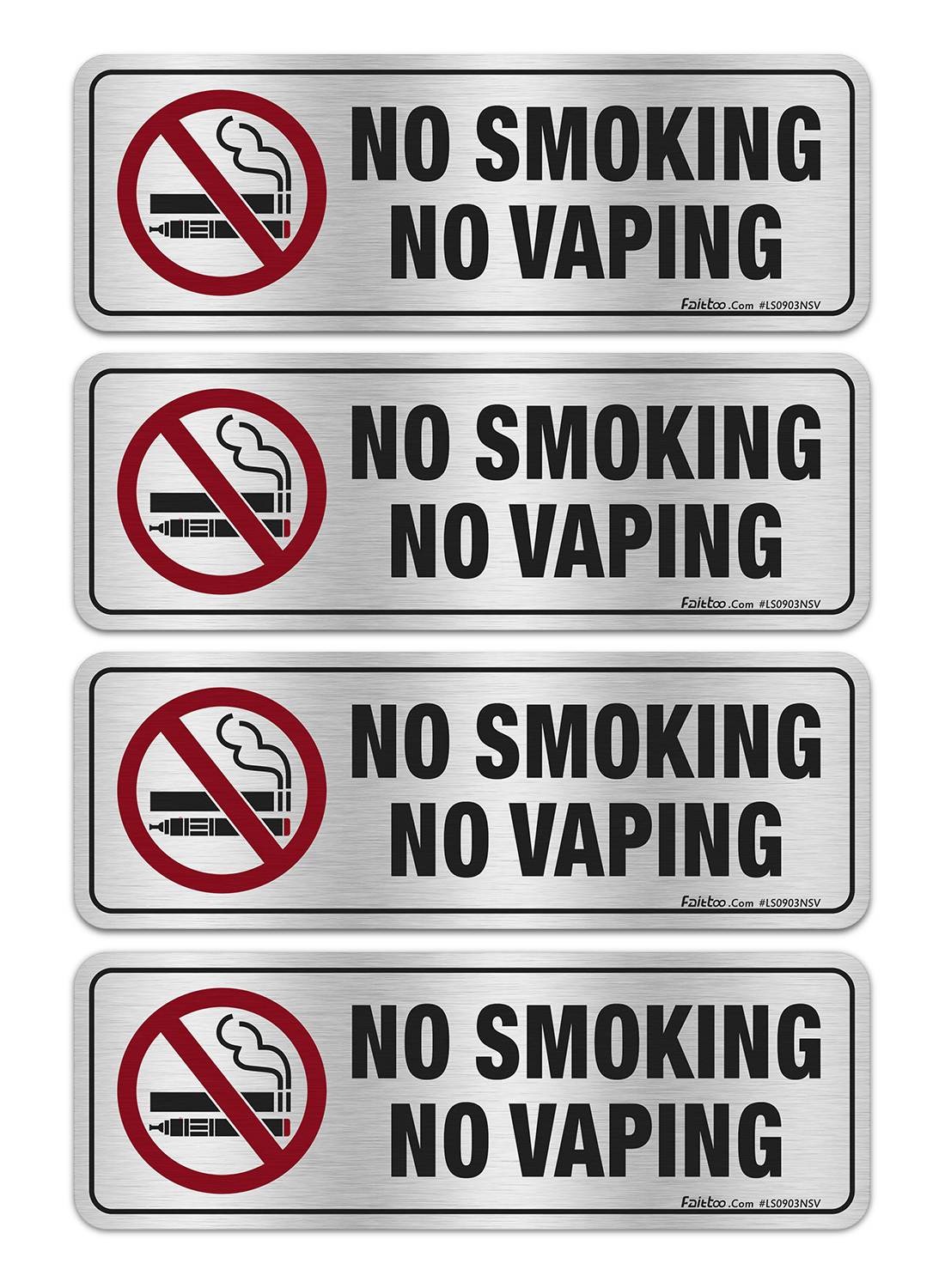 Faittoo No Smoking No Vaping Sign, (4 Pack) 9 X 3 Inches Rust Free Brushed Aluminum Sign, Fade Resistant, Use for Door of Office/Business, Easy to Install