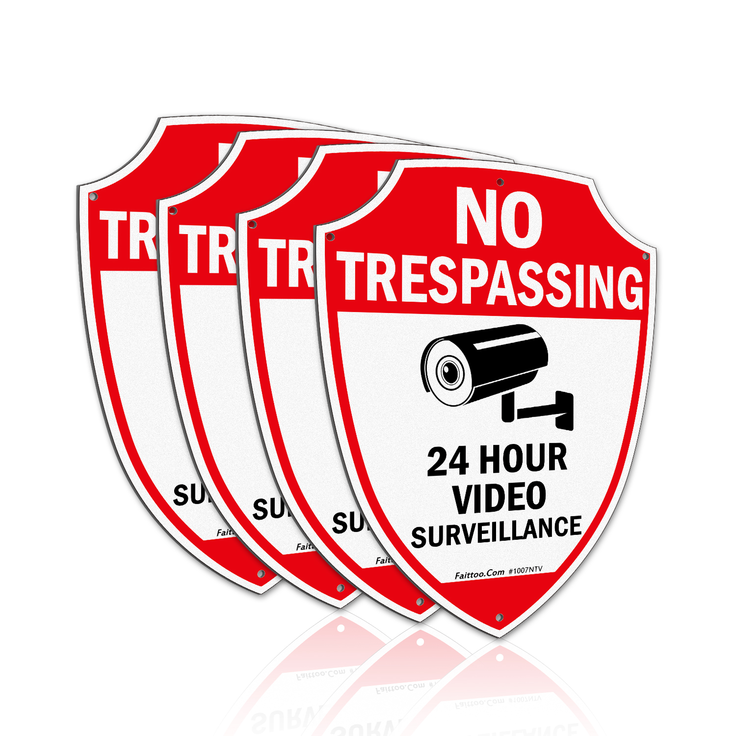 Faittoo No Trespassing Sign, Video Surveillance Signs Outdoor, 4-Pack, 9.6 x 6.8 Inch Reflective Aluminum Warning Sign for Home Business CCTV Security Camera, Weather/Fade Resistant, Shield Shape