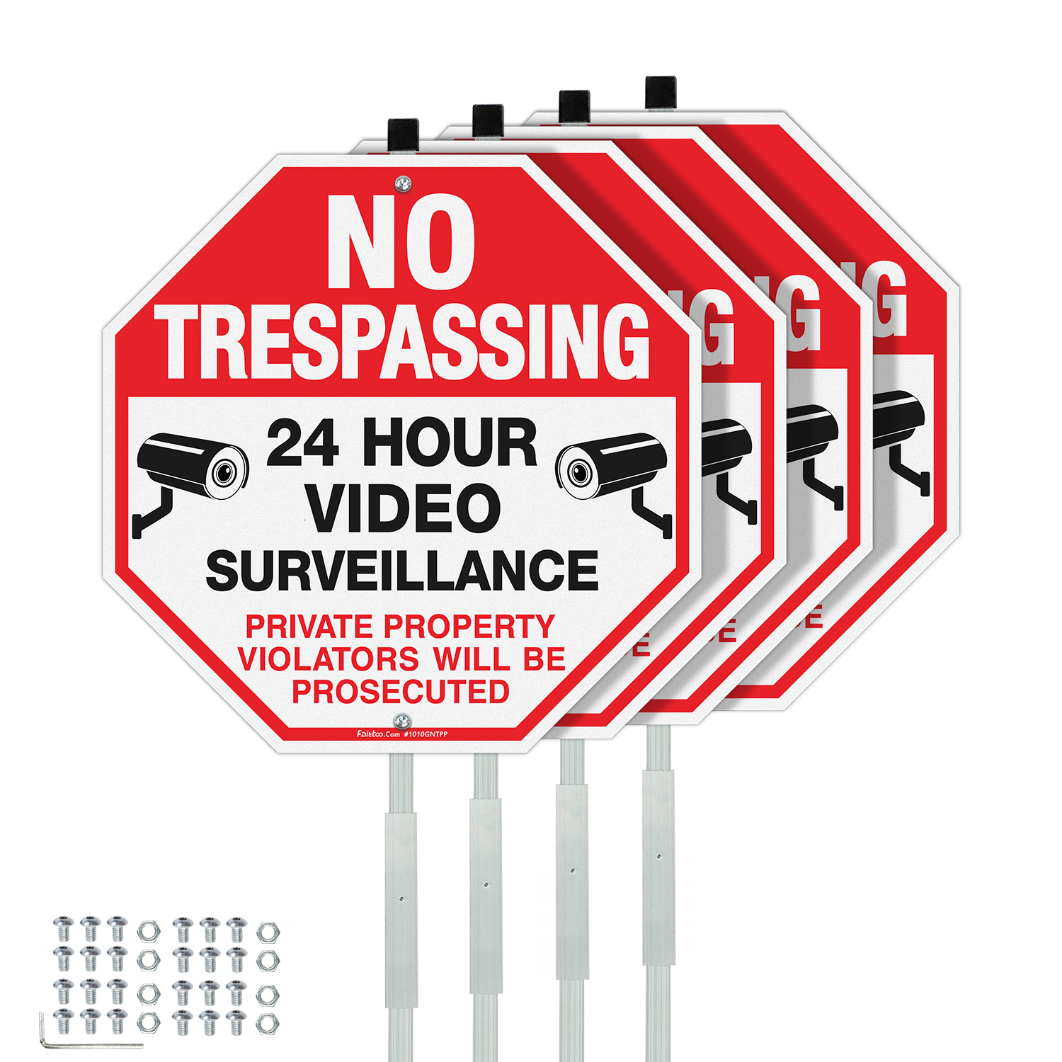 Faittoo No Trespassing Signs Private Property with 42" Stake for Outside, 4-Pack 10"x10" Video Surveillance Sign, Rust Free Aluminum, Reflective, 2 pre-drilled holes, Includes Matching Screws & Wren