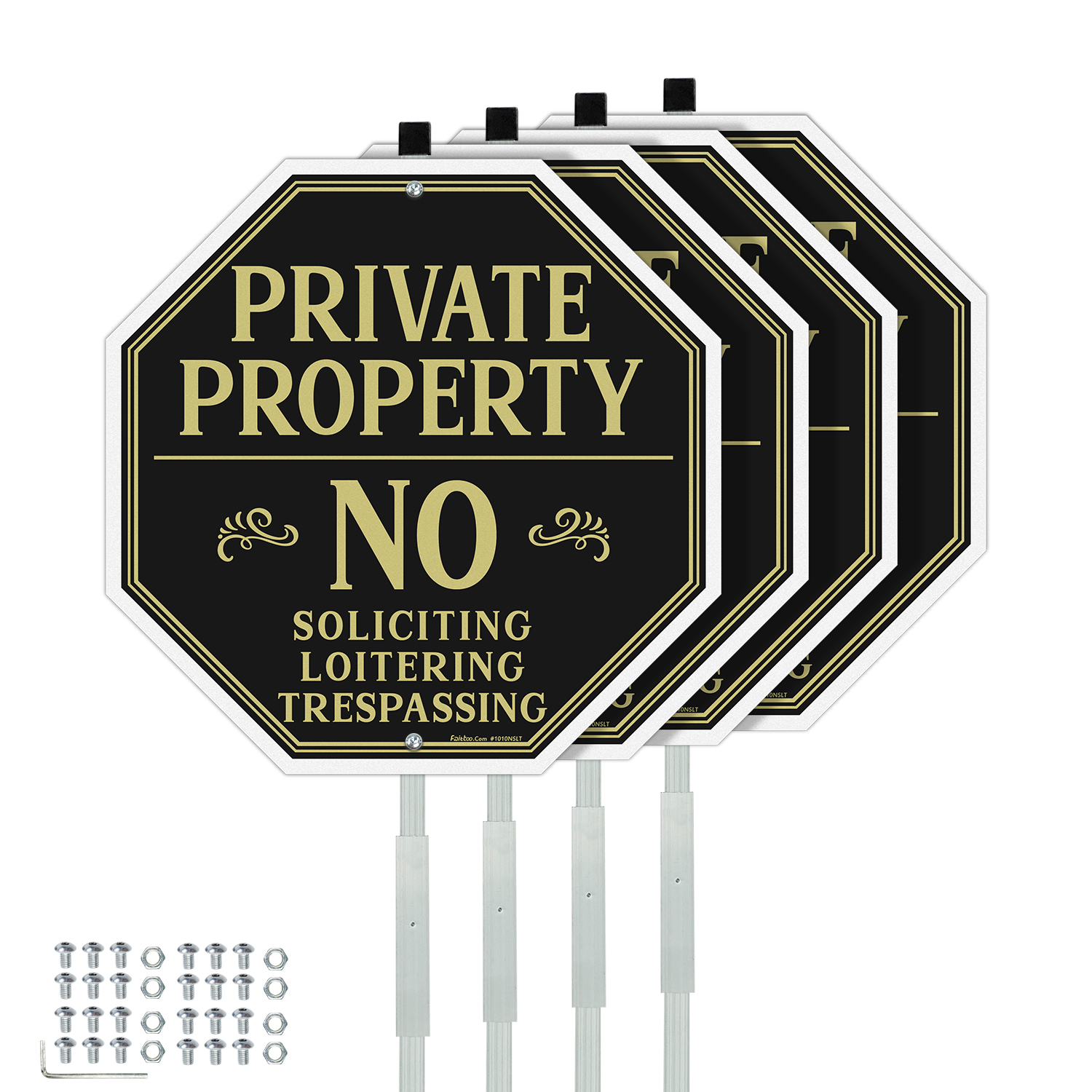 Faittoo Private Property No Soliciting Sign for House with 42" Stake, 4-Pack 10"x10" Rust Free Heavy Aluminum, Reflective, Fade Resistant, 2 pre-drilled holes, Includes Matching Screws & Wrench