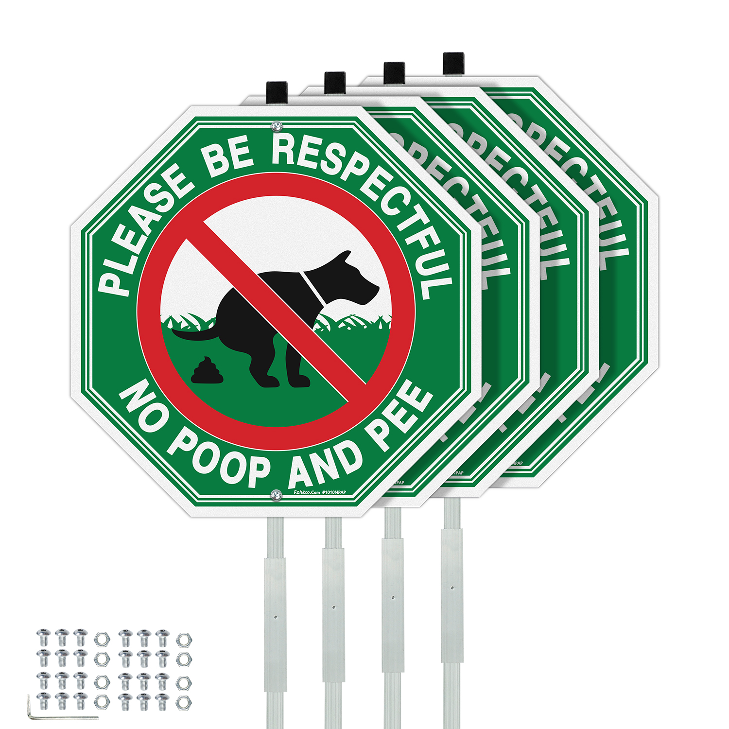 Faittoo No Peeing No Pooping Dog Sign with 42" Stake for yard, 4-Pack 10"x10" Rust Free Heavy Aluminum, Reflective, Fade Resistant, 2 pre-drilled holes, Includes Matching Screws & Wrench