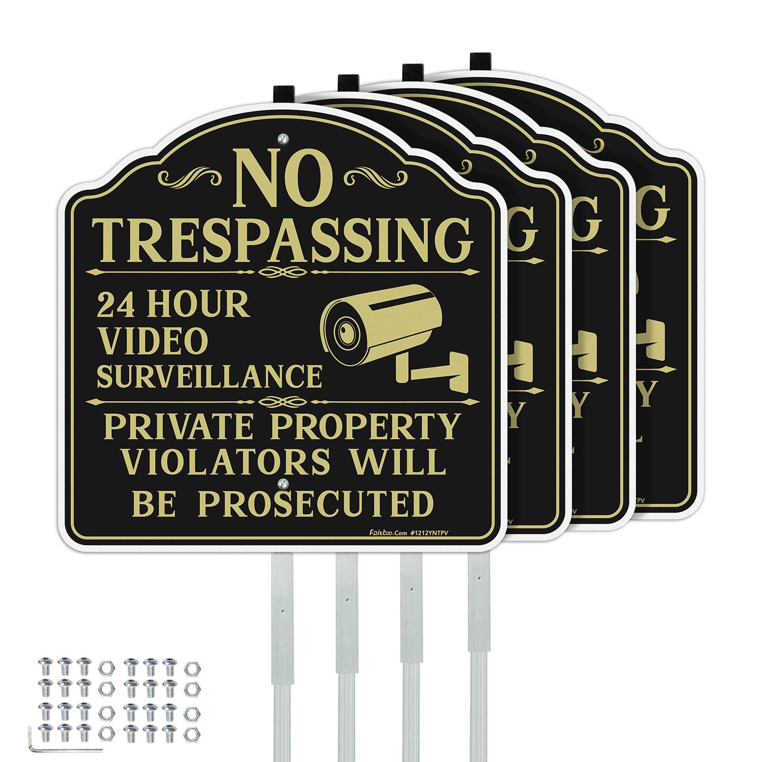 Faittoo No Trespassing Signs Private Property Video Surveillance Sign with 42" Stake, 4-Pack 12"x12" Rust Free Aluminum, Reflective, 2 pre-drilled holes, Includes Matching Screws & Wre