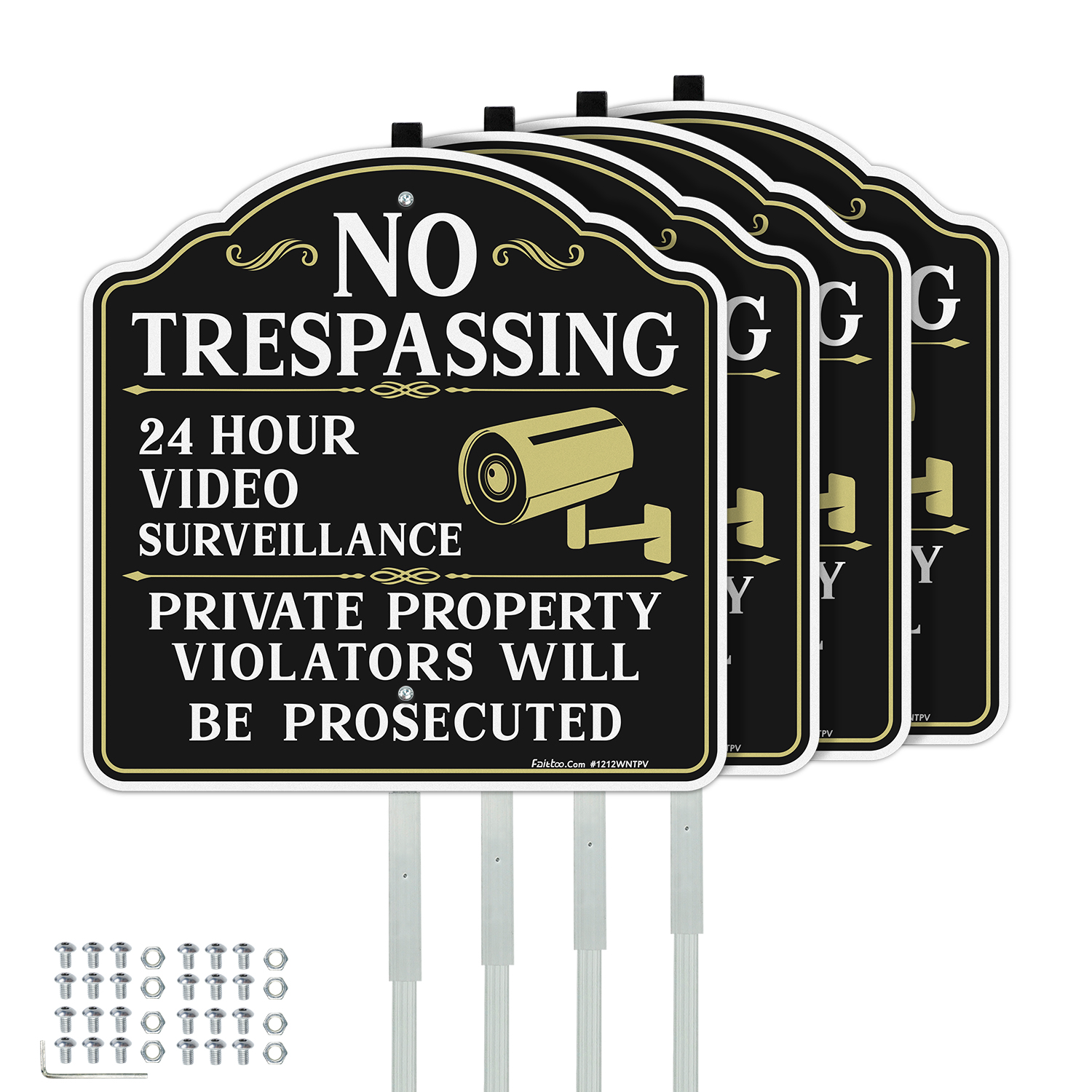 Faittoo No Trespassing Signs Private Property Video Surveillance Sign with 42" Stake, 4-Pack 12"x12" Rust Free Aluminum, Reflective, 2 pre-drilled holes, Includes Matching Screws & Wren (White)