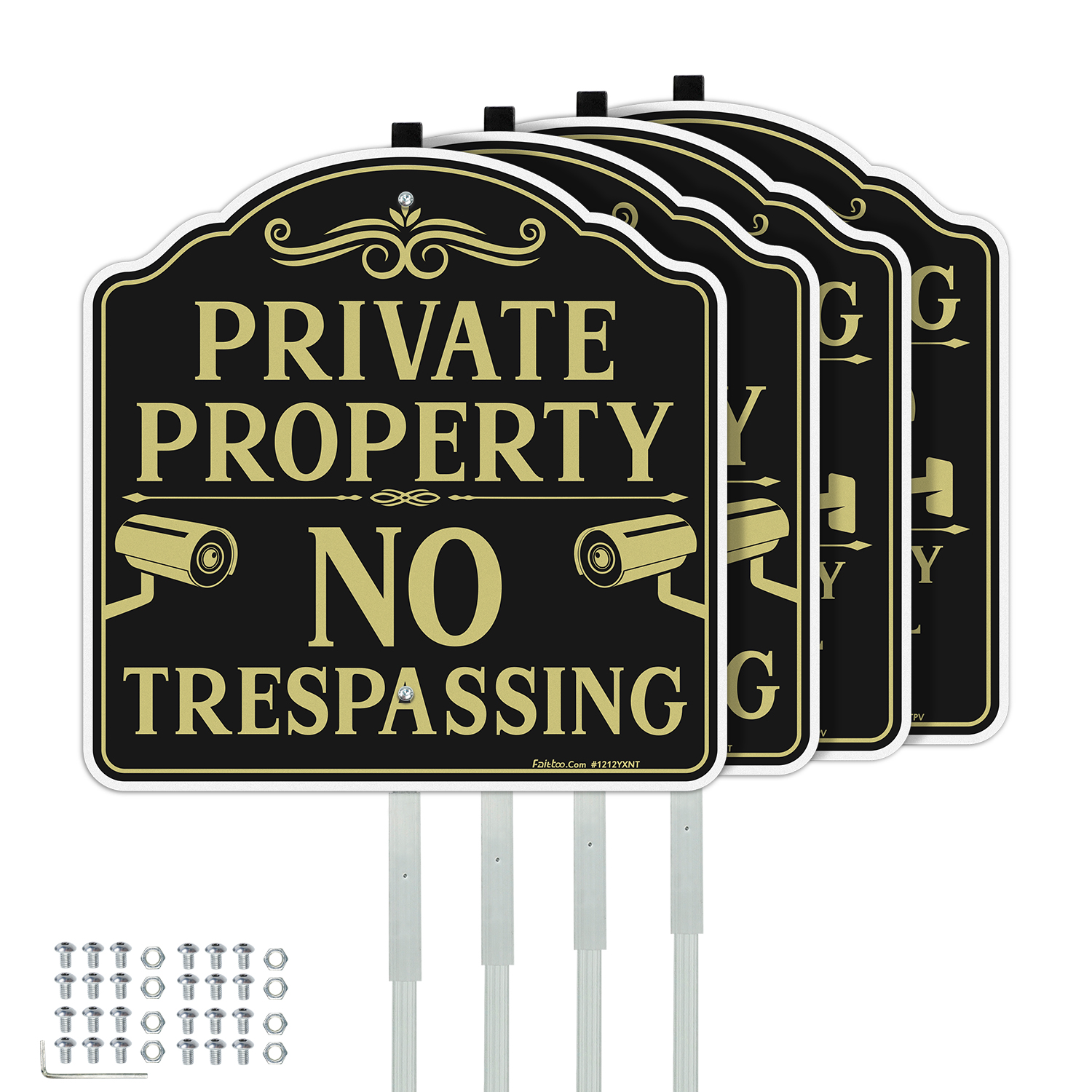 Faittoo No Trespassing Sign Private Property with 42" Stake, 4-Pack 12"x12" Rust Free Heavy Aluminum, Reflective, Fade Resistant, 2 pre-drilled holes, Includes Matching Screws & Wrench