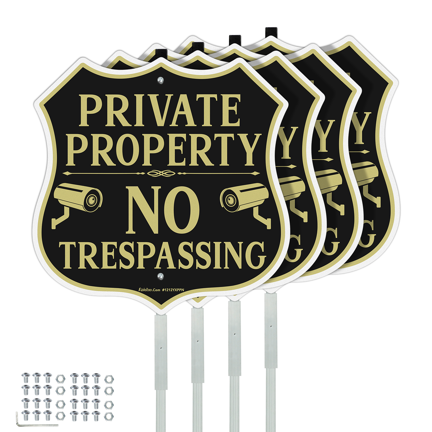 Faittoo No Trespassing Signs Private Property Video Surveillance Sign with 42" Stake, 4-Pack 12"x12" Rust Free Aluminum, Reflective, 2 pre-drilled holes, Includes Matching Screws & Wren