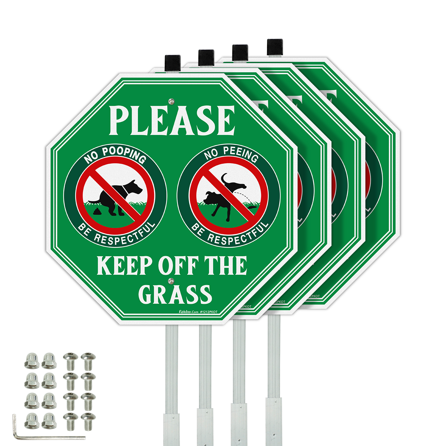 Faittoo No Peeing No Pooping Dog Sign with 36" Stake for yard, Keep off The Grass Sign, 4-Pack 12"x12" Aluminum, Reflective, Fade Resistant, 2 pre-drilled holes, Includes Matching Screws & Wrench