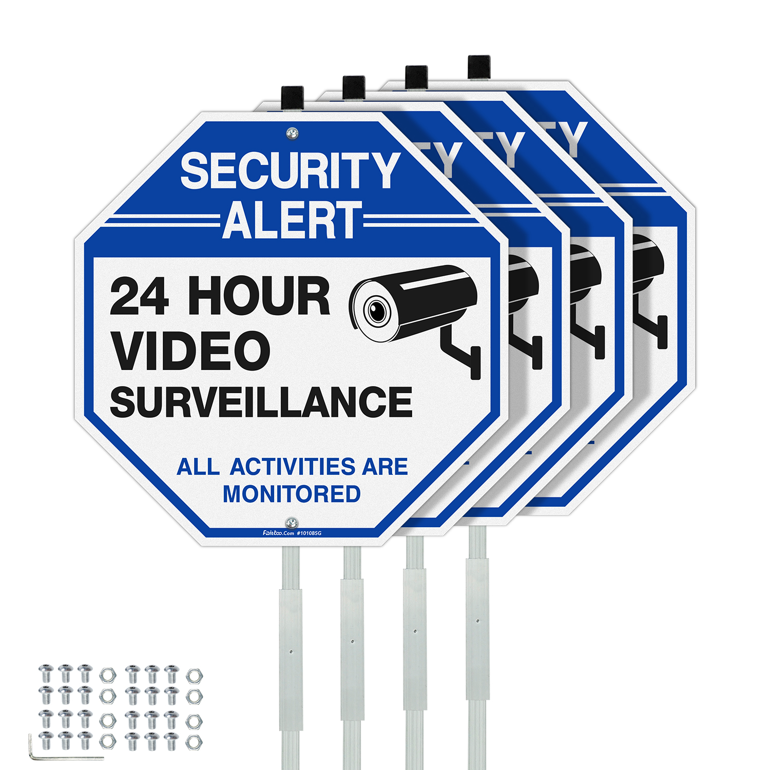 Faittoo Security Sign Video Surveillance Sign with 42" Stake, 4-Pack 10"x10" Rust Free Heavy Aluminum, Reflective, Fade Resistant, 2 pre-drilled holes, Includes Matching Screws & Wrench