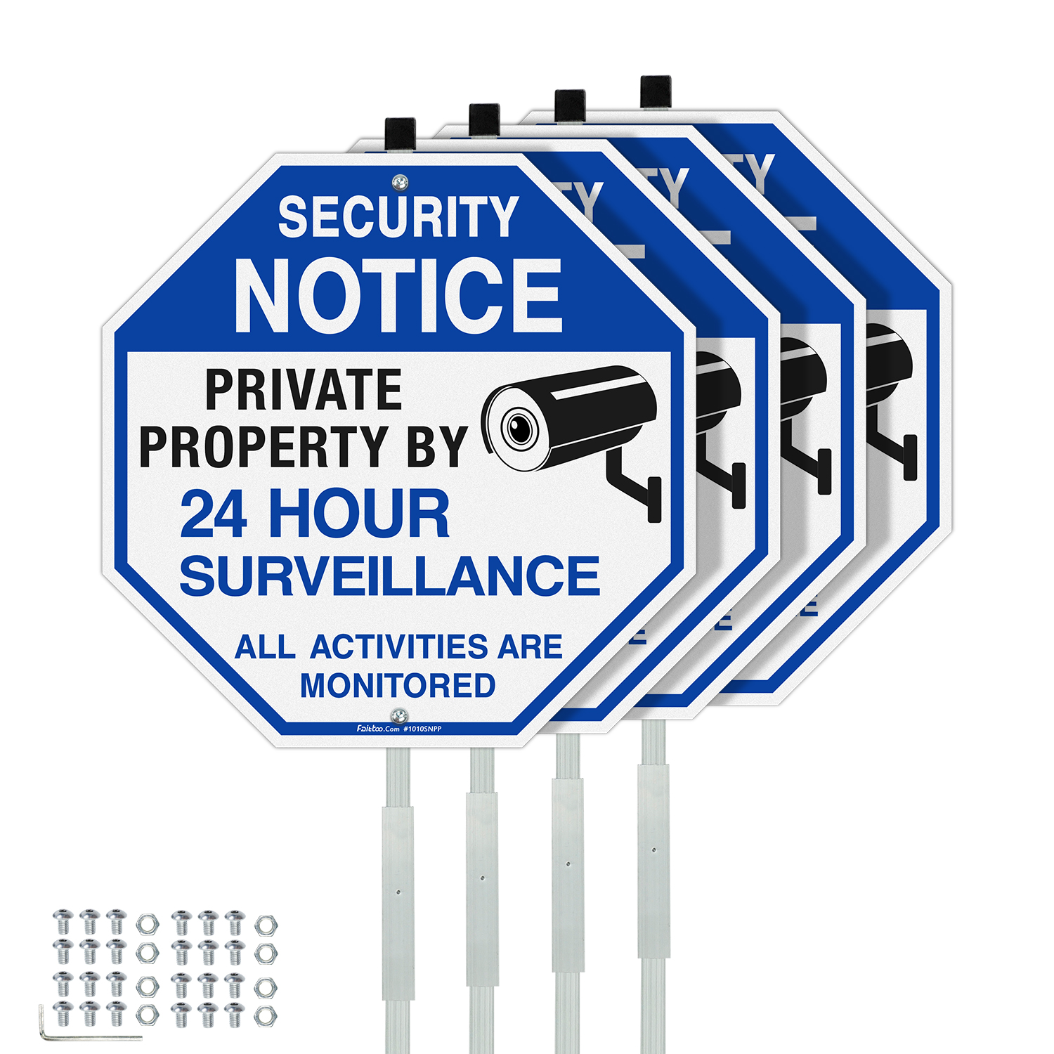 Faittoo Security Signs Private Property Video Surveillance Sign with 42" Stake, 4-Pack 10"x10" Rust Free Aluminum, Reflective, Fade Resistant, 2 pre-drilled holes, Includes Matching Screws & Wrench
