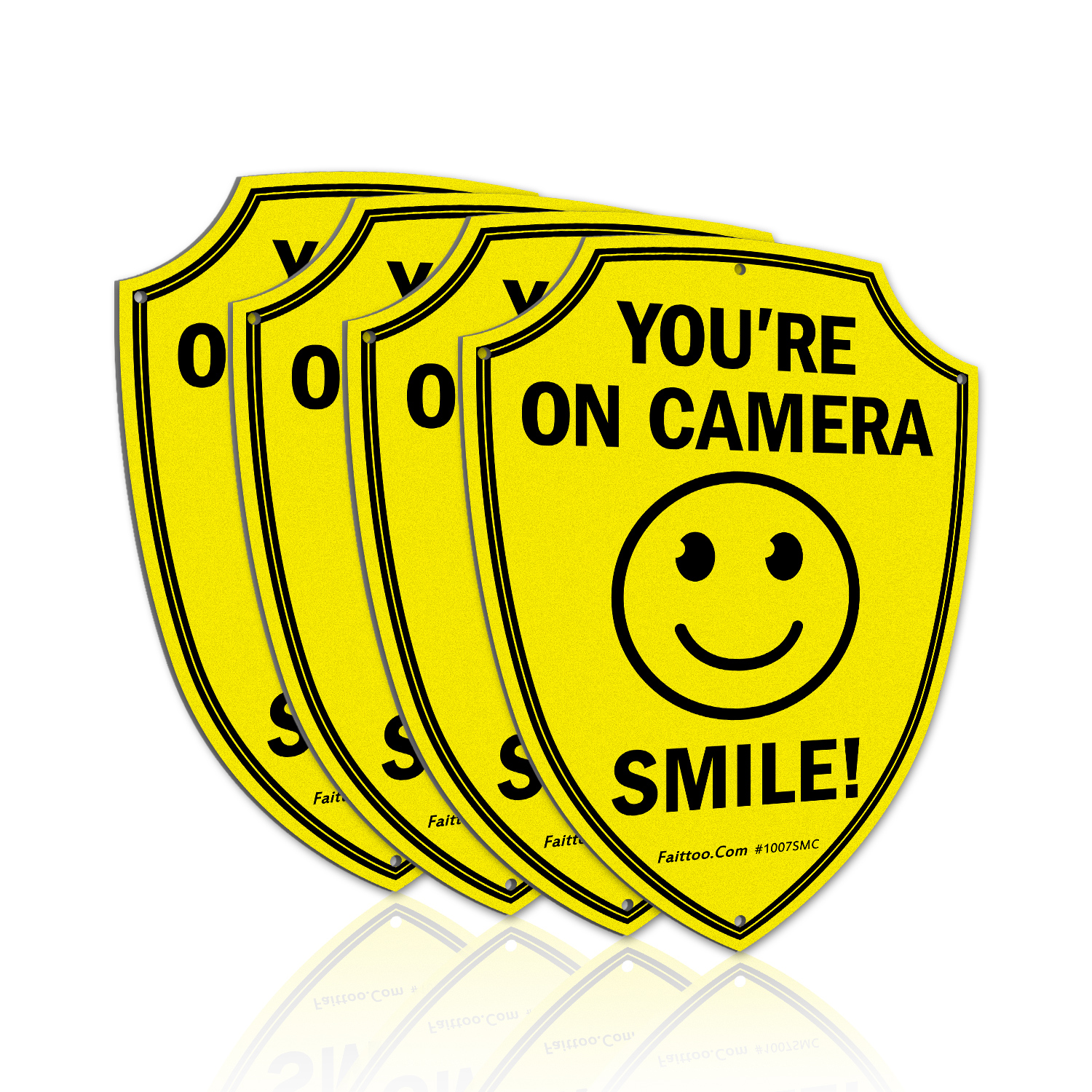 Faittoo Smile You're On Camera Sign, Video Surveillance Signs Outdoor, 4-Pack, 9.6 x 6.8 Inch Reflective Aluminum Warning Sign for Home Business CCTV Security Camera, Weather Resistant, Shield Shape