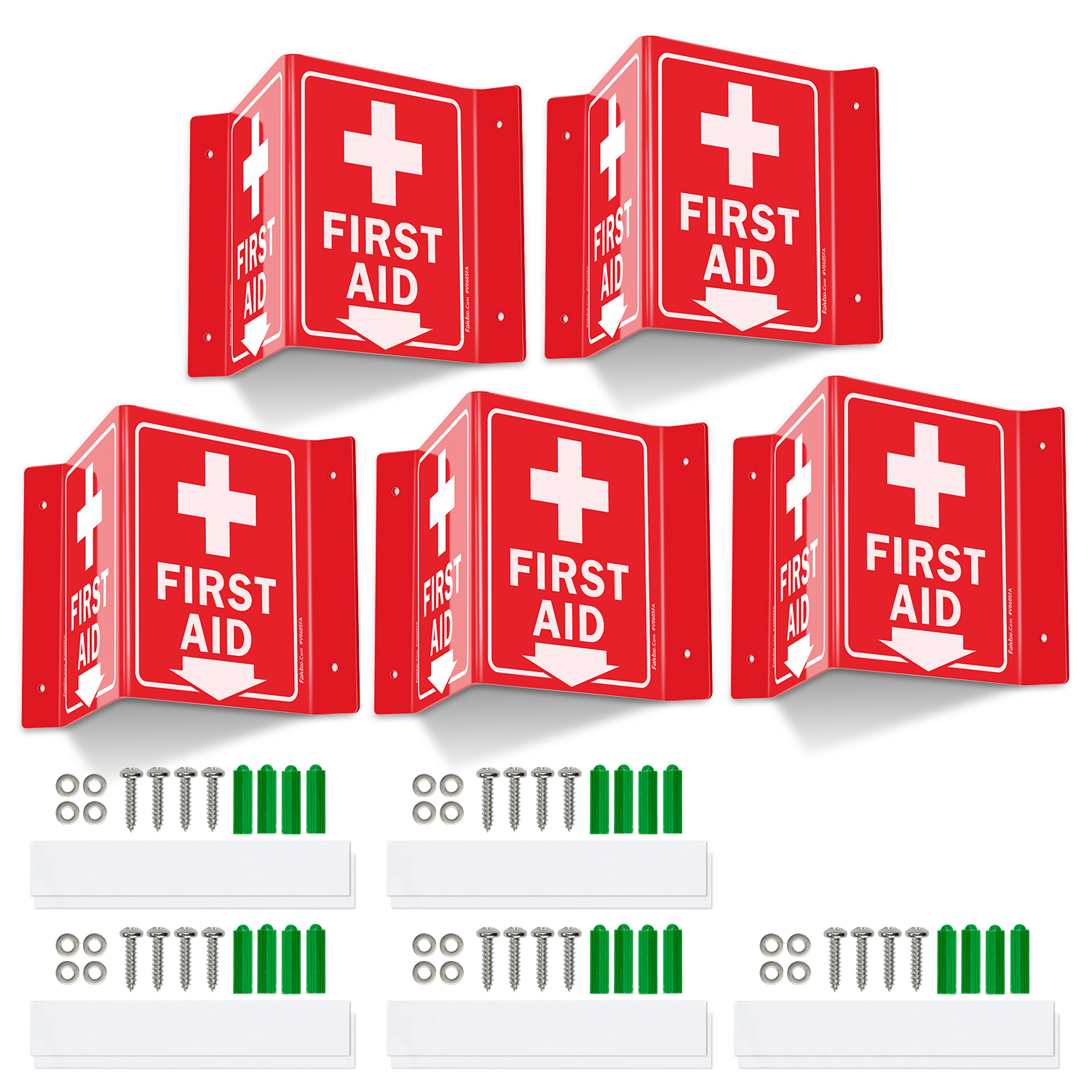Faittoo First Aid Sign, 5 Pack First Aid with Cross Symbol - 6 x 8 Inches V-Shaped Acrylic Plastic, 4 Pre-Drilled Holes, Includes Matching Screws, Use for Home Office/Business