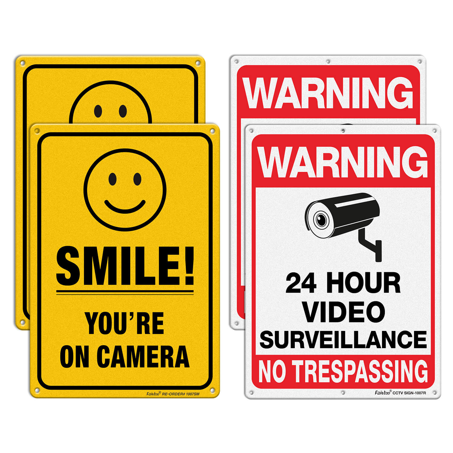 Faittoo Video Surveillance No Trespassing Smile You're On Camera Sign, (4 Pack) 10 x 7 In Rust Free .040 Aluminum Warning Sign for Home, Business, CCTV, Reflective, UV Protected, Fade Resistant