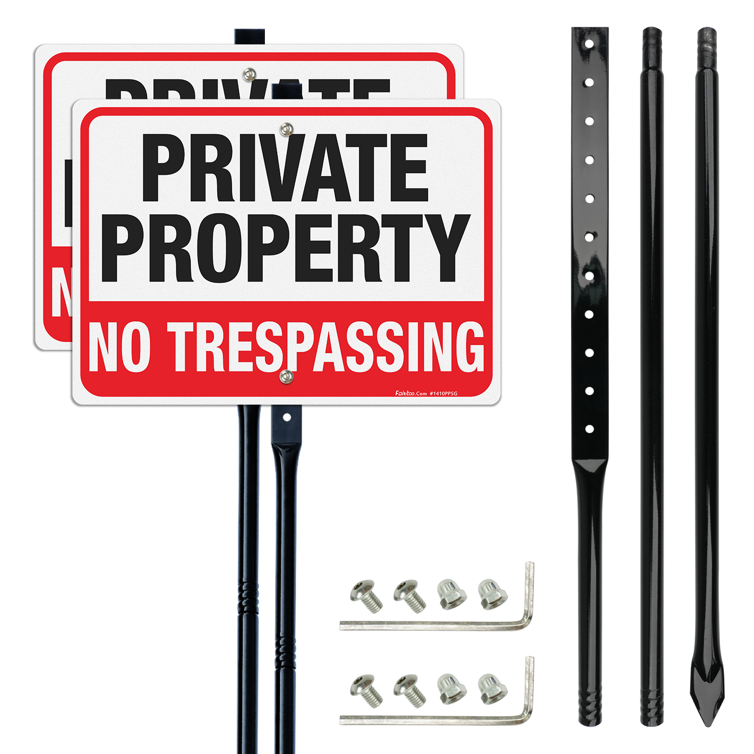 Faittoo Large No Trespassing Sign Private Property with 54" Metal Thick Stake, 2 Pack14"x10" Rust Free Heavy Aluminum, Reflective, Fade Resistant, Easy to Mount, Outdoor use