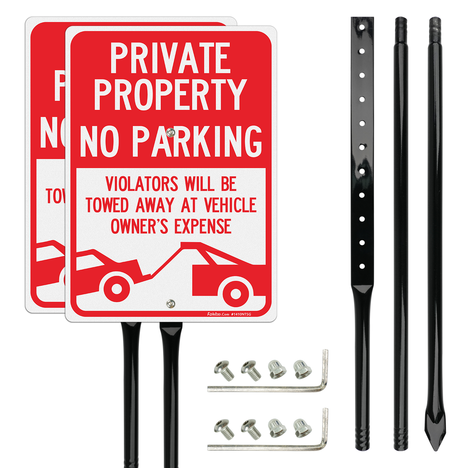 Faittoo Large Private Property No Parking Sign with 54" Metal Thick Stake, 2 Pack 14"x10" Vehicle Towed At Owner's Expense Rust Free Aluminum Sign, Reflective, Fade Resistant, Easy to Mount