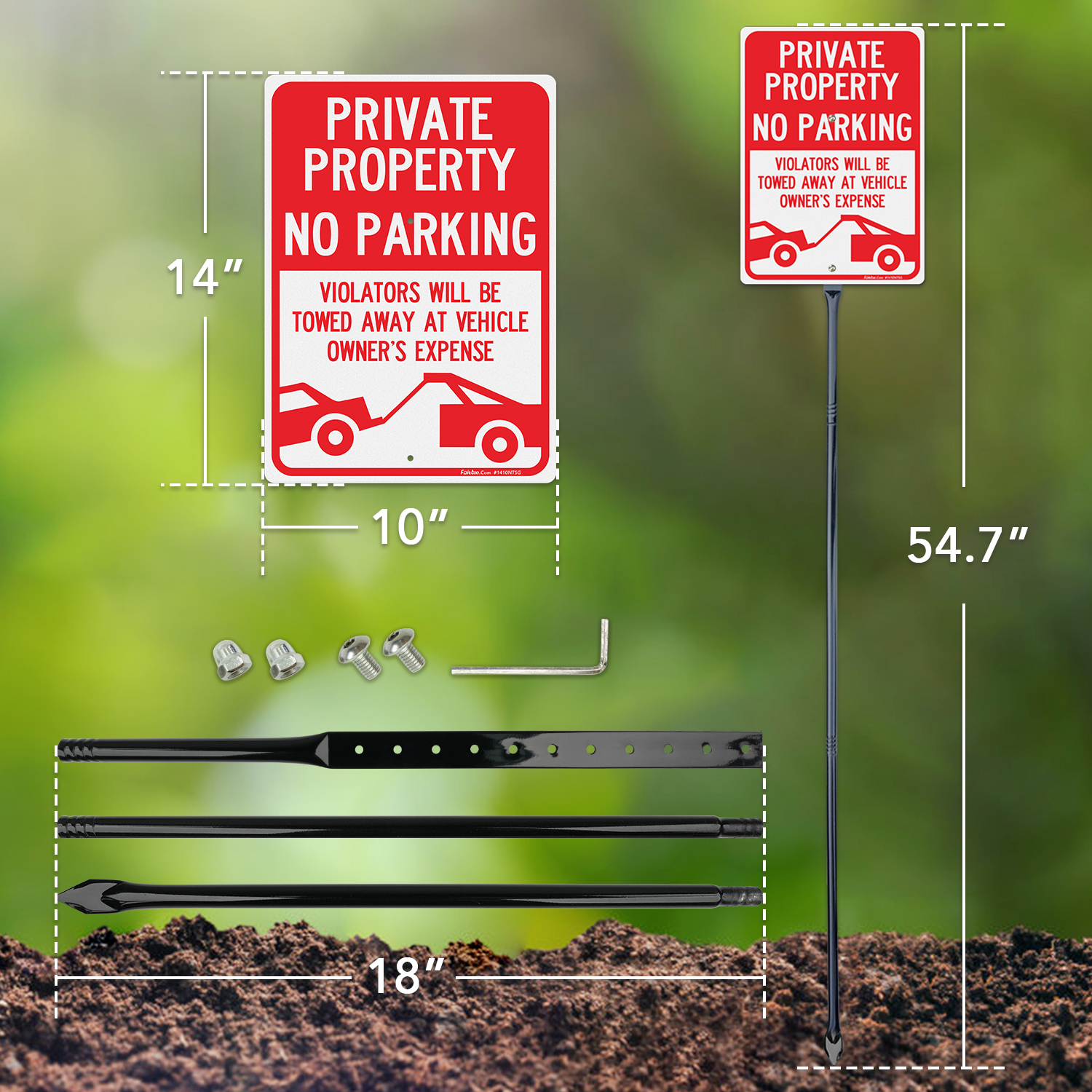 Faittoo Large Private Property No Parking Sign with 54" Metal Thick Stake, 4 Pack 14"x10" Vehicle Towed At Owner's Expense Rust Free Aluminum Sign, Reflective, Fade Resistant, Easy to Mount