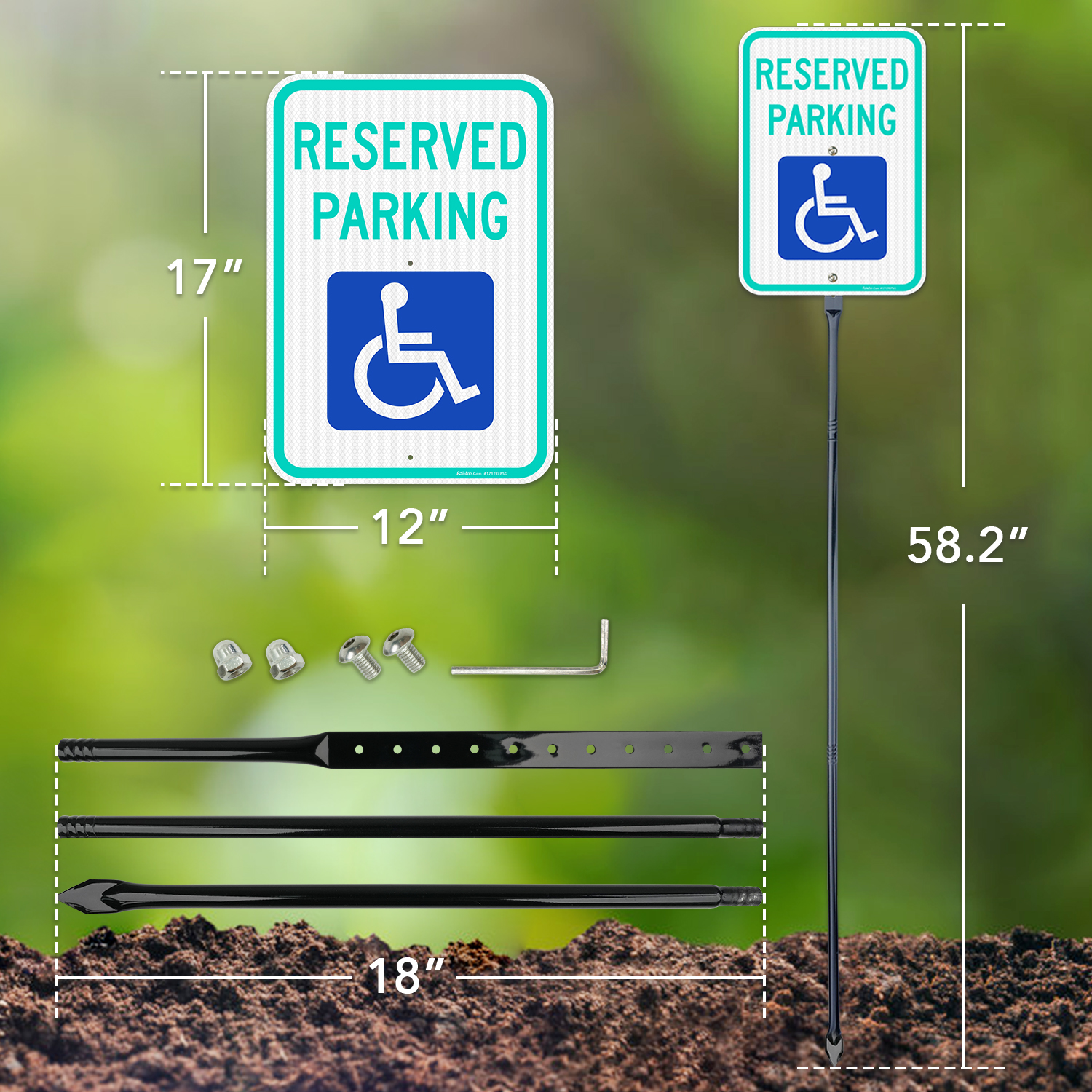 Faittoo Large Reserved Parking Sign with 54" Metal Thick Stake, 2 Pack 17"x12" Handicap Parking with Picture of Wheelchair Sign, Engineer Grade Reflective Sheeting Rust Free Aluminum, Easy to Mount