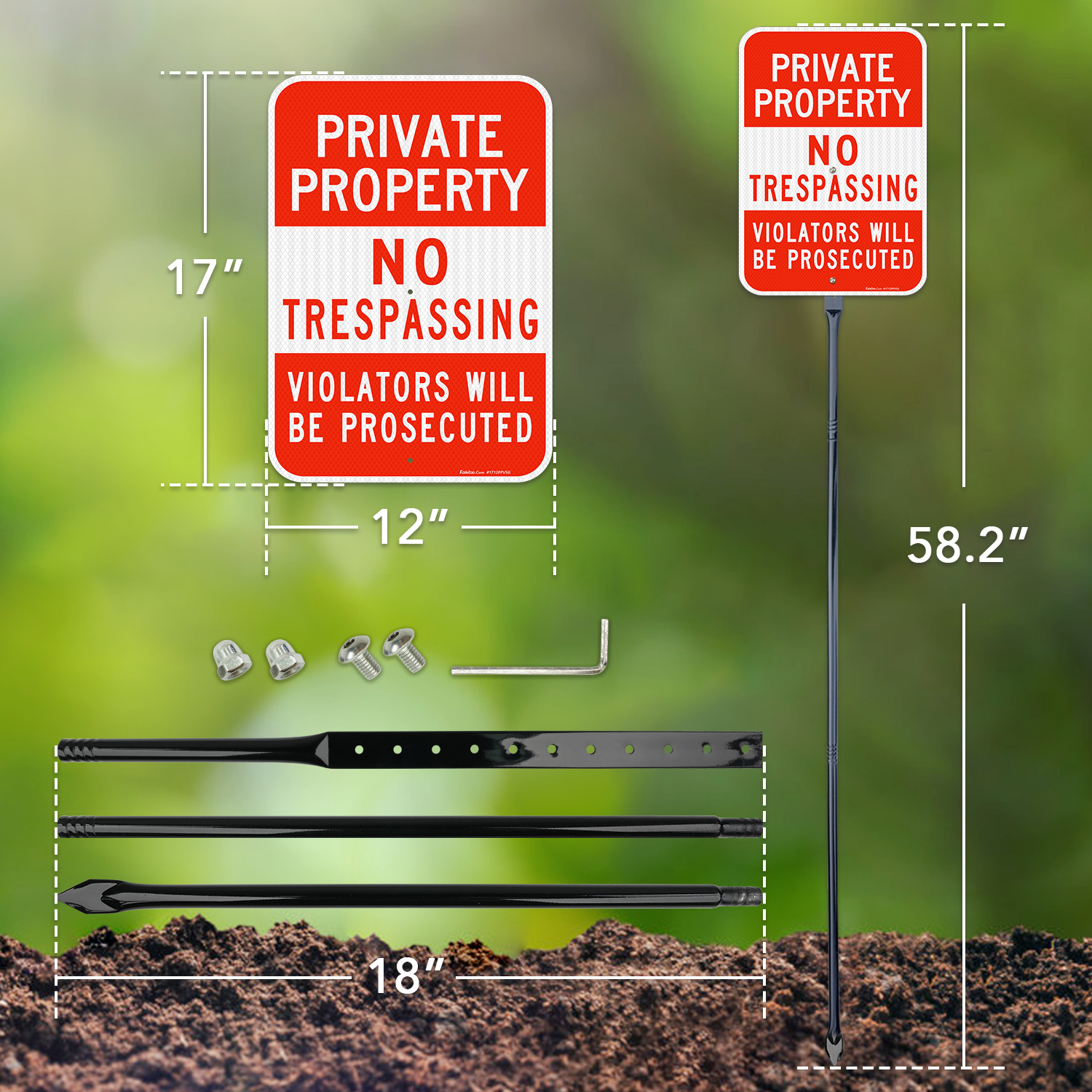 Faittoo Private Property No Trespassing Sign with 54" Metal Thick Stake, Violators Will Be Prosecuted, 17 x 12 Inches Engineer Grade Reflective Sheeting Rust Free Aluminum, Easy to Mount