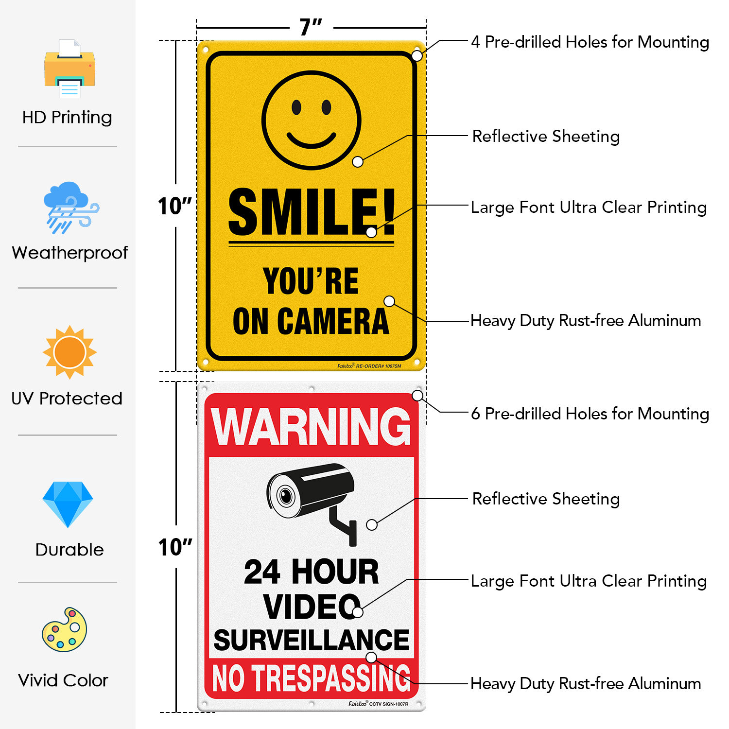 Faittoo Video Surveillance No Trespassing Smile You're On Camera Sign, (4 Pack) 10 x 7 In Rust Free .040 Aluminum Warning Sign for Home, Business, CCTV, Reflective, UV Protected, Fade Resistant