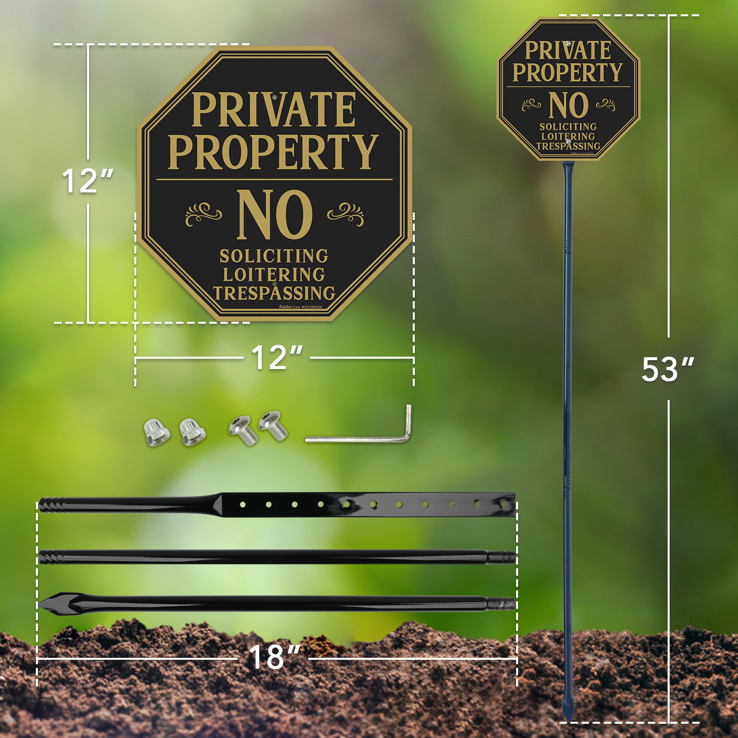 Faittoo Large Private Property No Soliciting Sign for House No Trespassing Sign with 54" Metal Thick Stake, 12"x12" Rust Free Heavy Aluminum, Reflective, Fade Resistant, Easy to Mount, Outdoor Use
