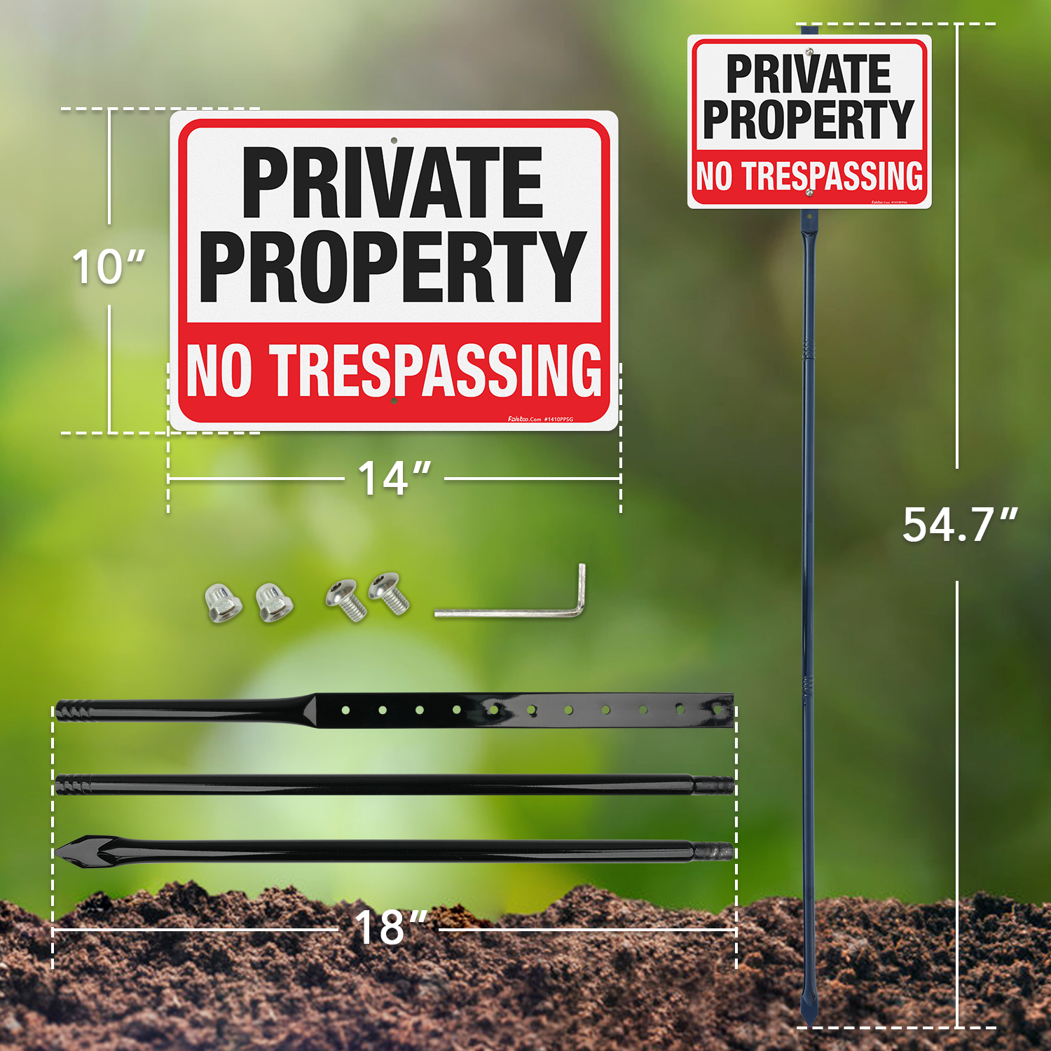 Faittoo Large No Trespassing Sign Private Property with 54" Metal Thick Stake, 14"x10" Rust Free Heavy Aluminum, Reflective, Fade Resistant, Easy to Mount, Outdoor Use
