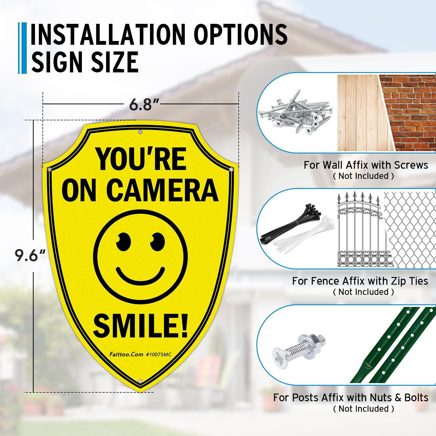 Faittoo Smile You're On Camera Sign, Video Surveillance Signs Outdoor, 4-Pack, 9.6 x 6.8 Inch Reflective Aluminum Warning Sign for Home Business CCTV Security Camera, Weather Resistant, Shield Shape