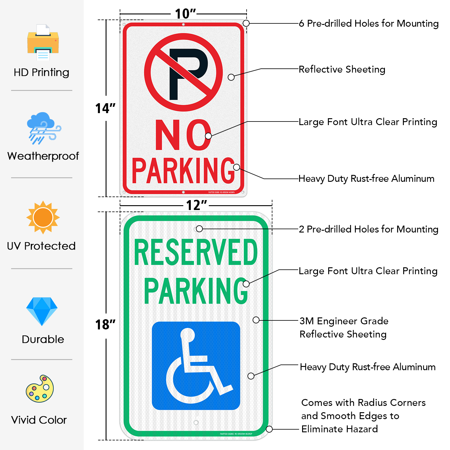 Faittoo 18" x 12" Reserved Parking Sign, Handicap Parking with Picture of Wheelchair Sign and 14" x 10" No Parking With Symbol Sign. Reflective Aluminum Traffic Sign, UV Protected, Fade Resistant, Easy to Install