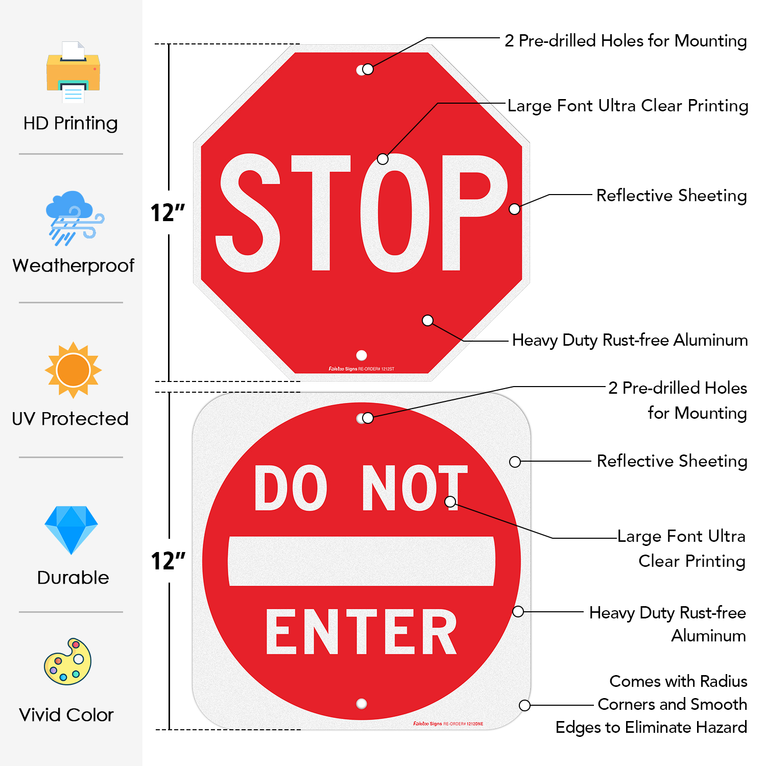 Faittoo 12 inches Do Not Enter Sign and Stop Sign, Street Warning Reflective Signs. Fade/ Weather Resistant, Easy to Mount, Indoor/Outdoor Use