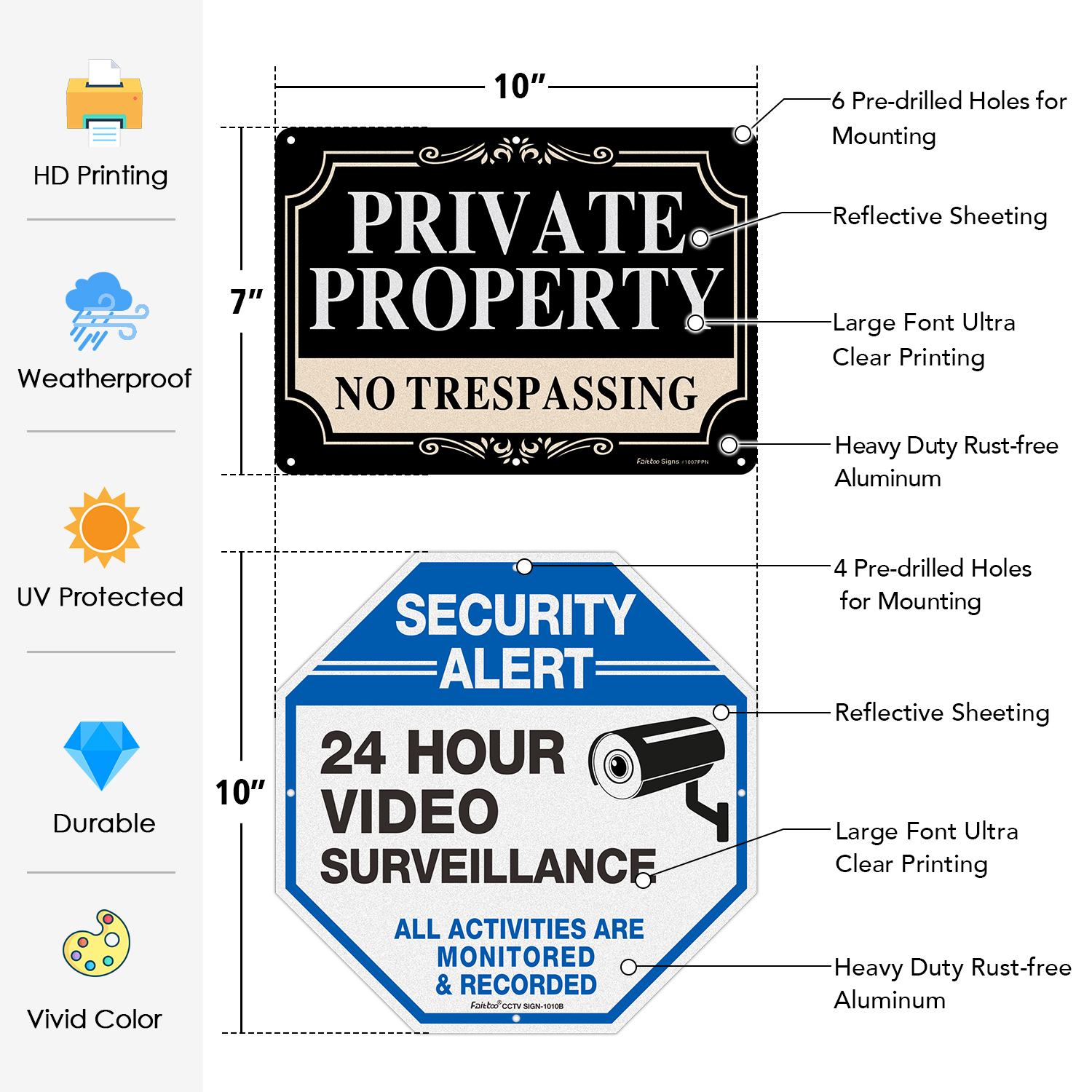 Faittoo 10 inches Video Surveillance Signs with 10 x 7 inches Private Property No Trespassing Signs，0.40 Aluminum Reflective Metal Signs. Indoor or Outdoor Use for Home Business