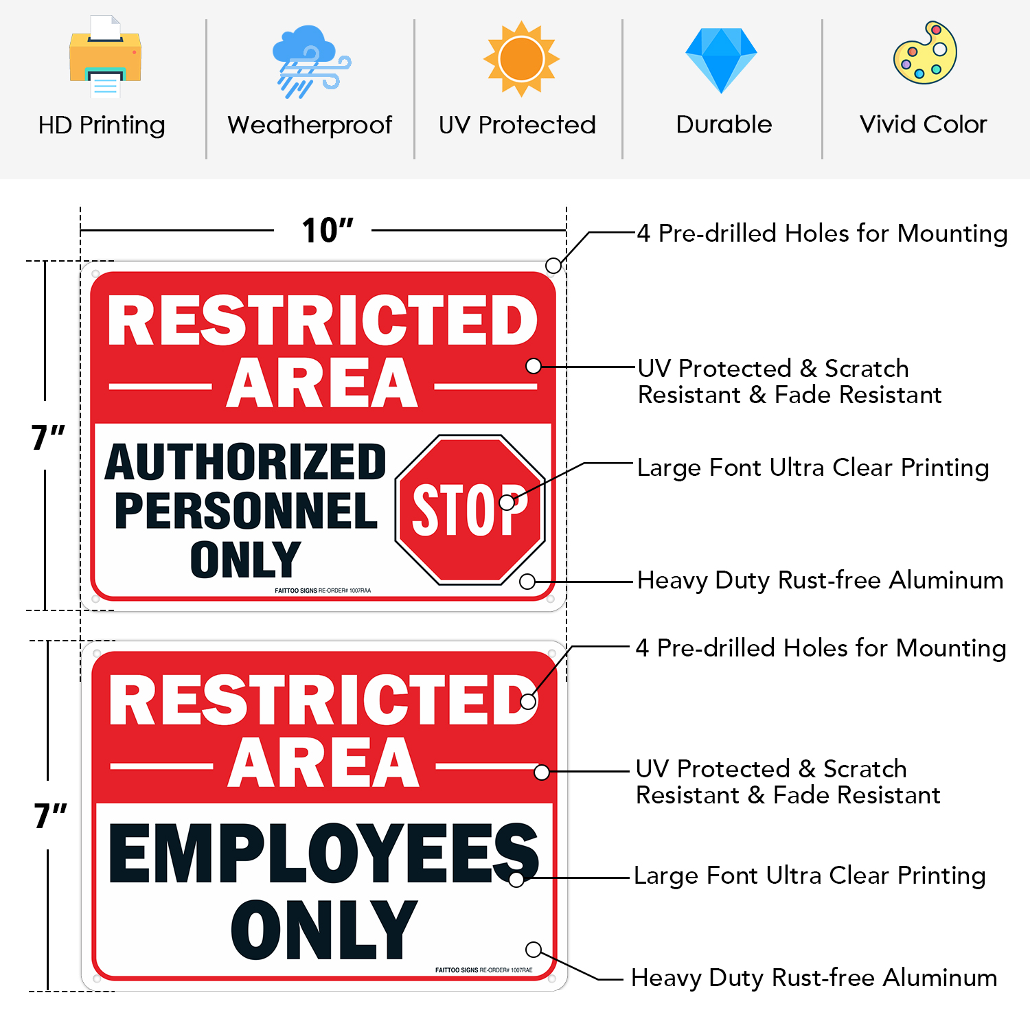 Faittoo Restricted Area Sign Authorized Personnel Only Sign, Do Not Enter Sign, （2 pack）10 x 7 Inches. 0.40 Rust Free Aluminum, UV Protected, Fade Resistant, Easy to Mount