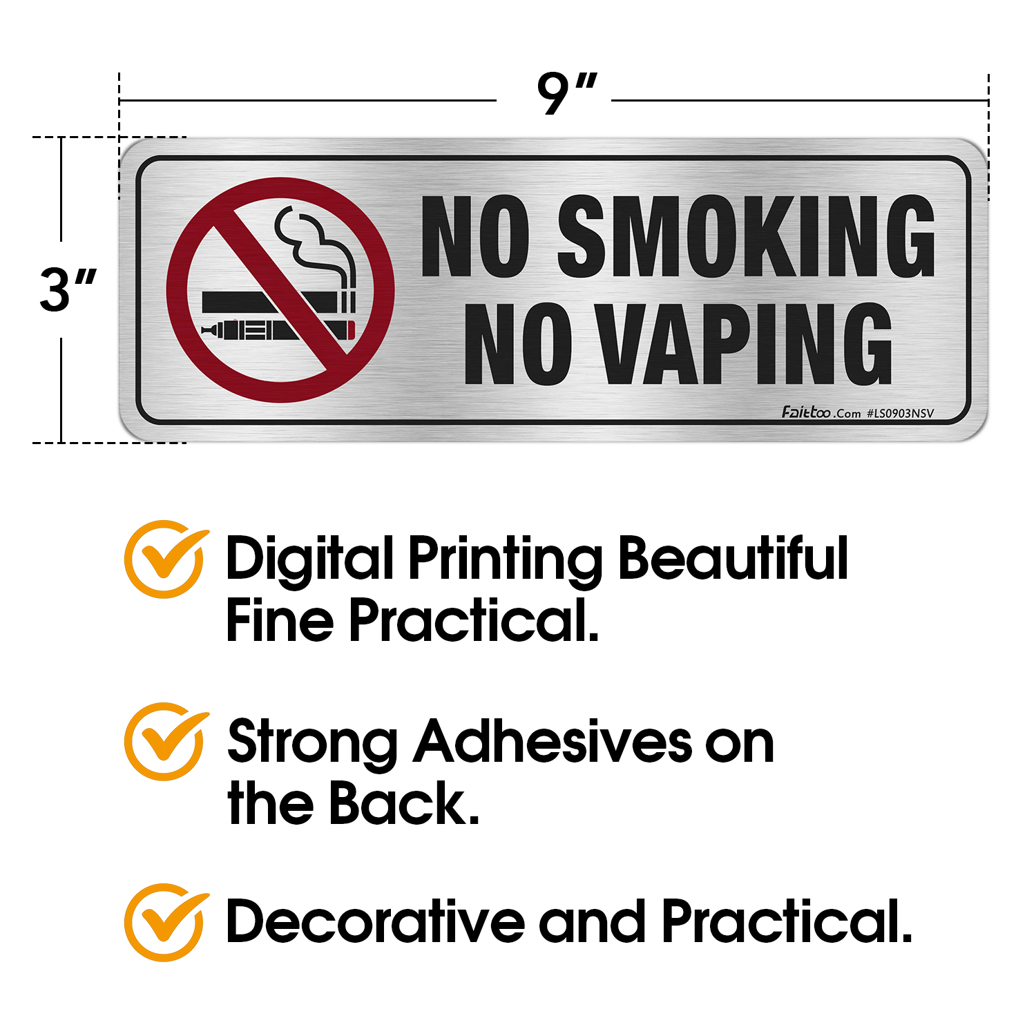 Faittoo No Smoking No Vaping Sign, (8 Pack) 9 X 3 Inches Rust Free Brushed Aluminum Sign, Fade Resistant, Use for Door of Office/Business, Easy to Install