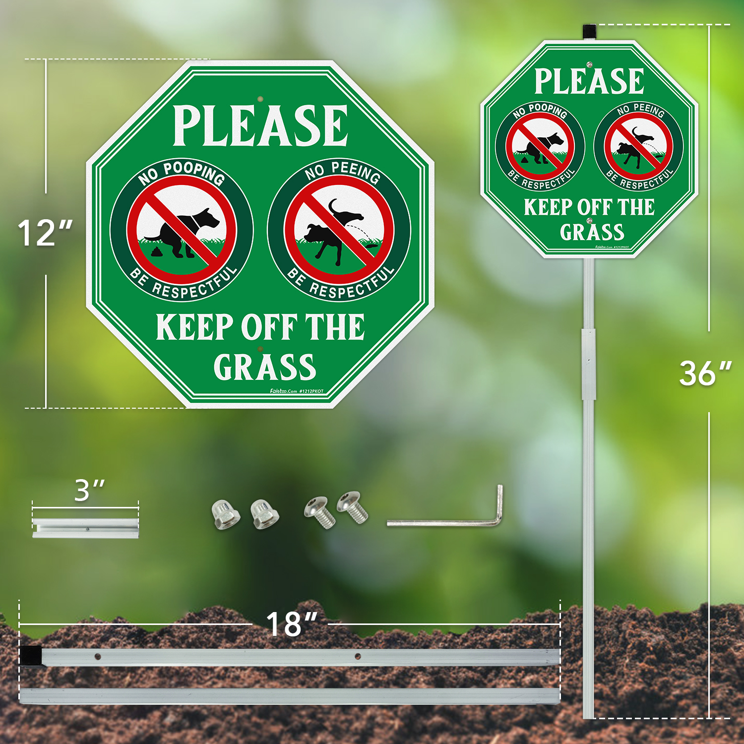 Faittoo No Peeing No Pooping Dog Sign with 36" Stake for yard, Keep off The Grass Sign, 4-Pack 12"x12" Aluminum, Reflective, Fade Resistant, 2 pre-drilled holes, Includes Matching Screws & Wrench