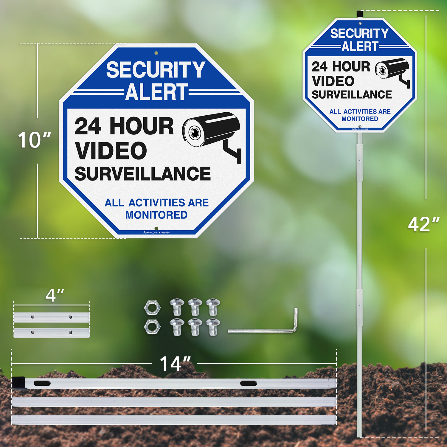 Faittoo Security Sign Video Surveillance Sign with 42" Stake, 4-Pack 10"x10" Rust Free Heavy Aluminum, Reflective, Fade Resistant, 2 pre-drilled holes, Includes Matching Screws & Wrench