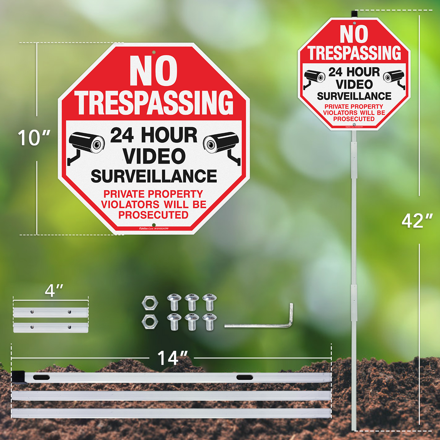 Faittoo No Trespassing Signs Private Property with 42" Stake for Outside, 10"x10" Video Surveillance Sign, Rust Free Aluminum, Reflective, 2 pre-drilled holes, Includes Matching Screws & Wren